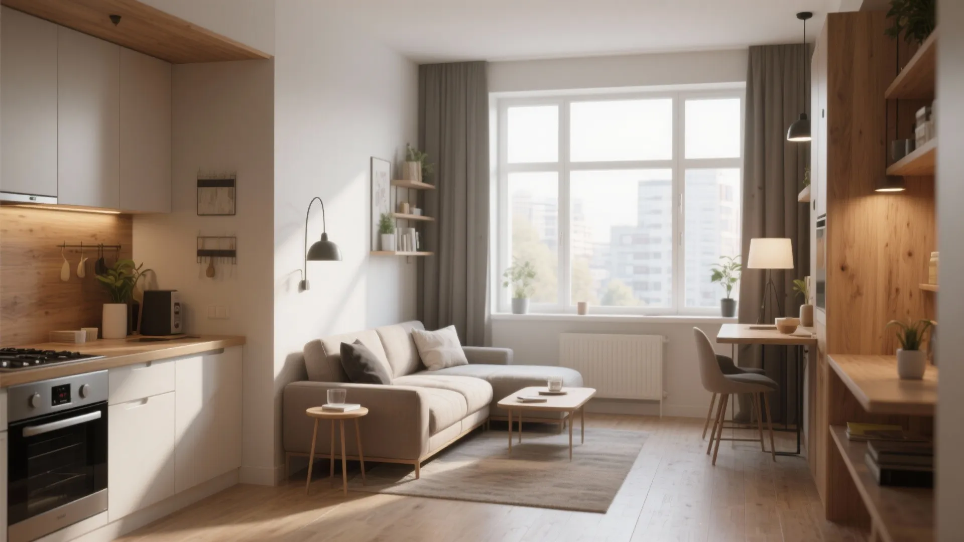 Small open plan apartment with white kitchen, beige sofa, wooden floors, and large bright window