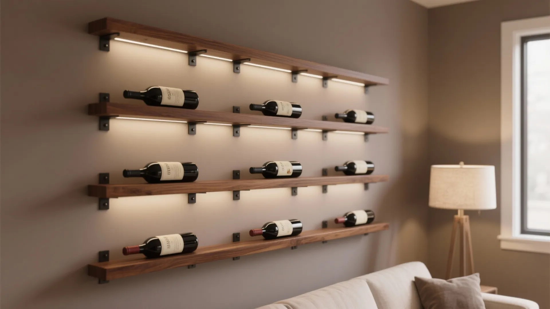 Modern wall wine rack with four wooden shelves, integrated lighting, wine bottles, and living room