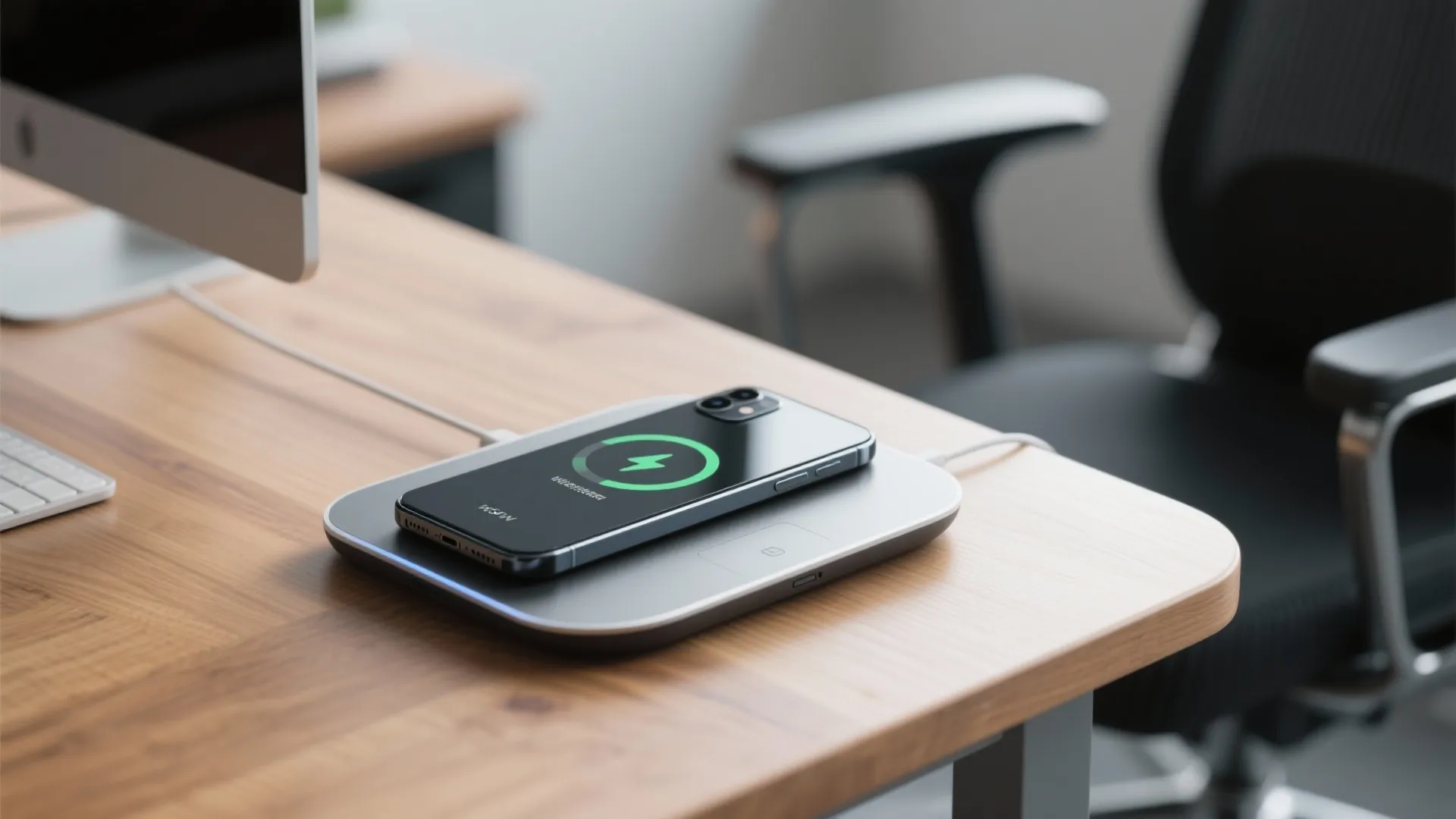 Smartphone charging on a silver wireless pad placed on a wooden desk in modern office