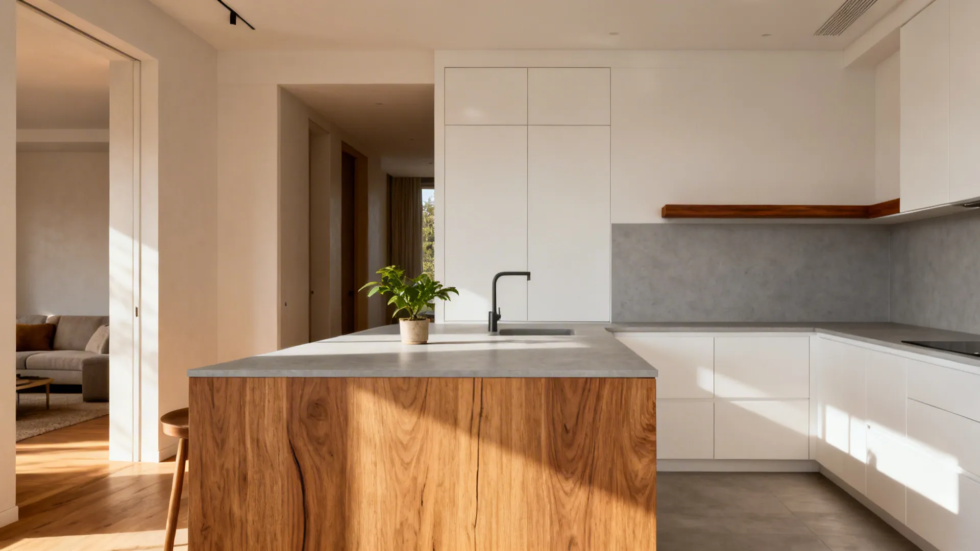 Modern open kitchen with rift oak peninsula panel and walnut shelf warming matte white cabinets.