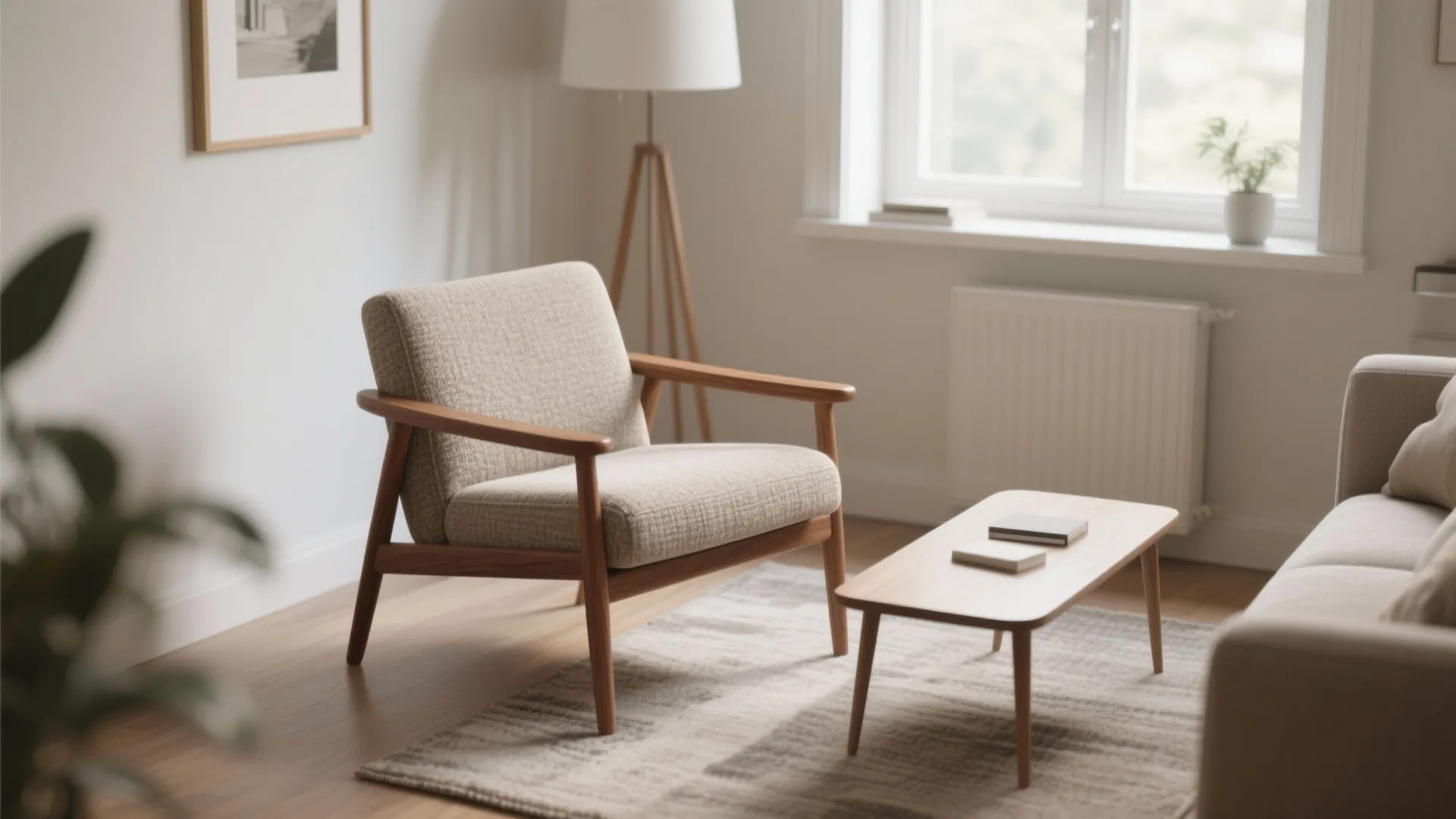Modern wooden chair with upholstered seat in a bright, compact living room.
