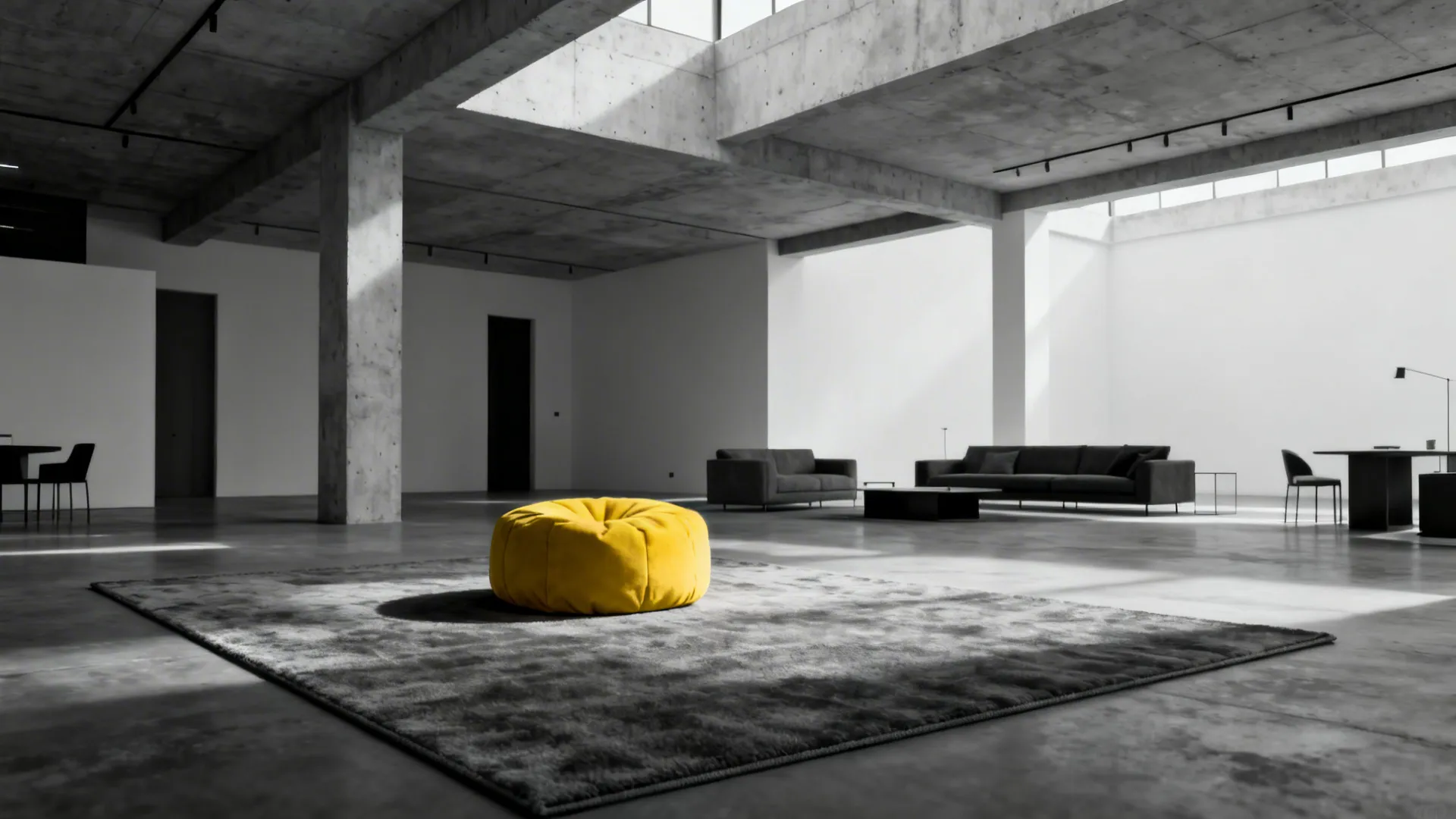Monochrome loft with a cool grey rug and a bright yellow statement pouf as focal point