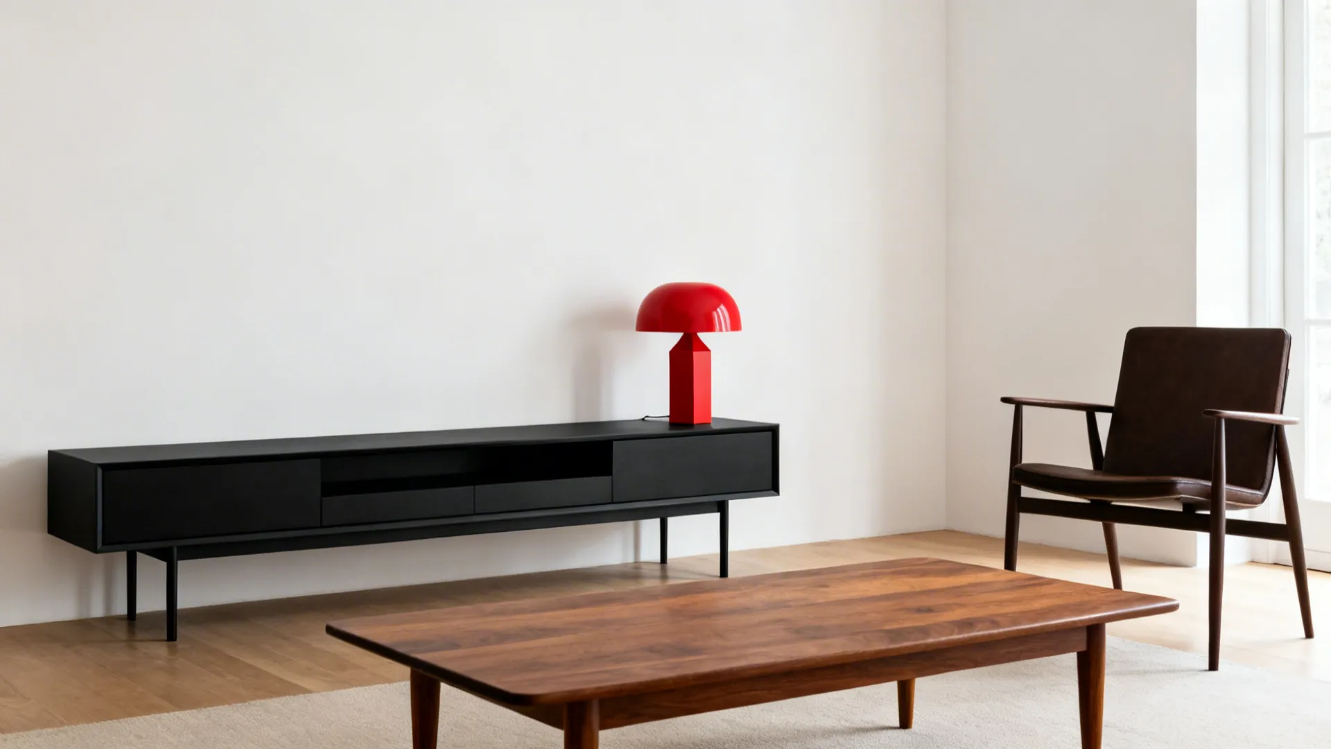 Modernist living room with low black console, walnut table, and a single red lamp against warm white walls.