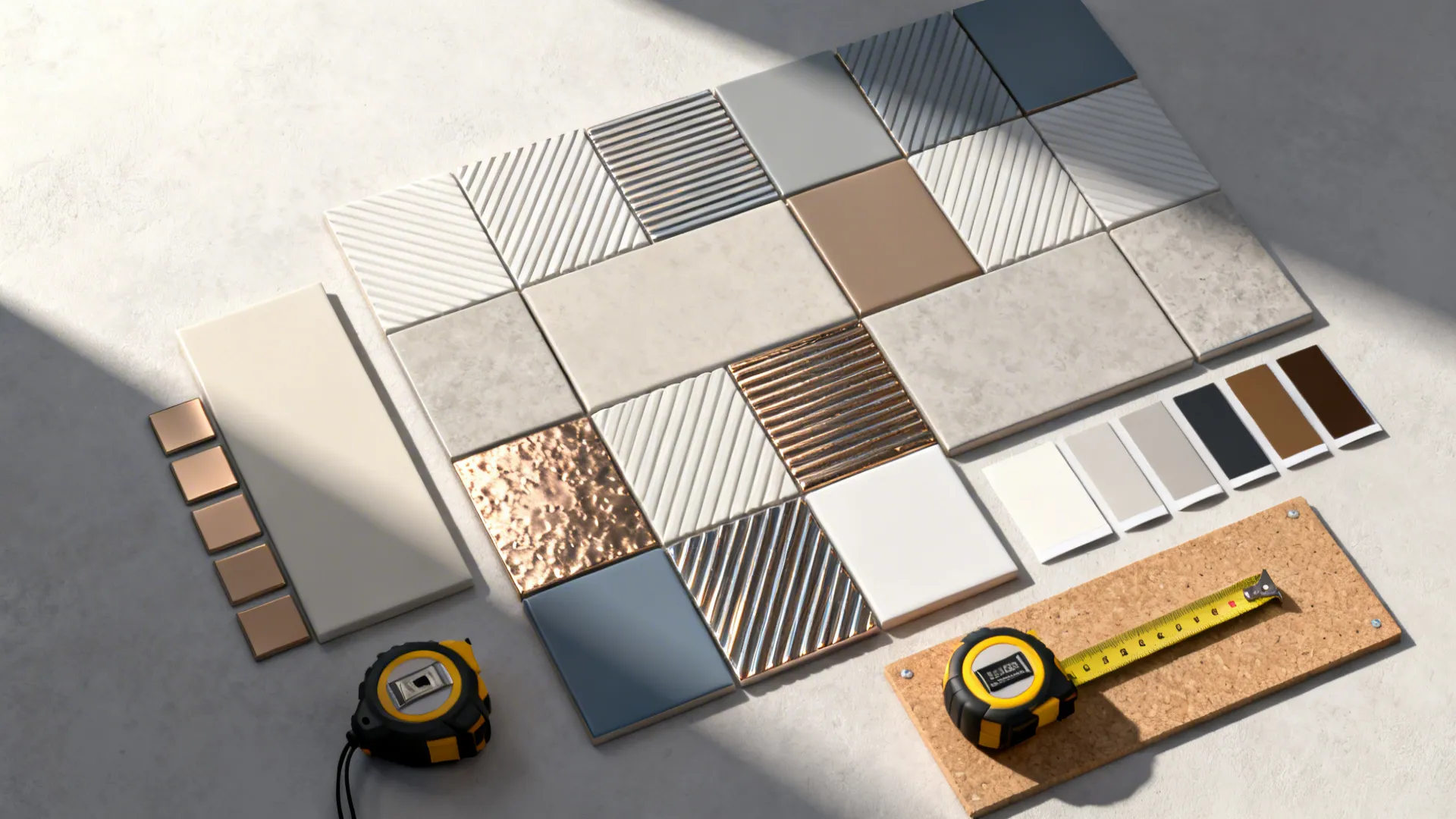 Flatlay of interlocking 3D wall tile samples with paint chips and metallic finishes.