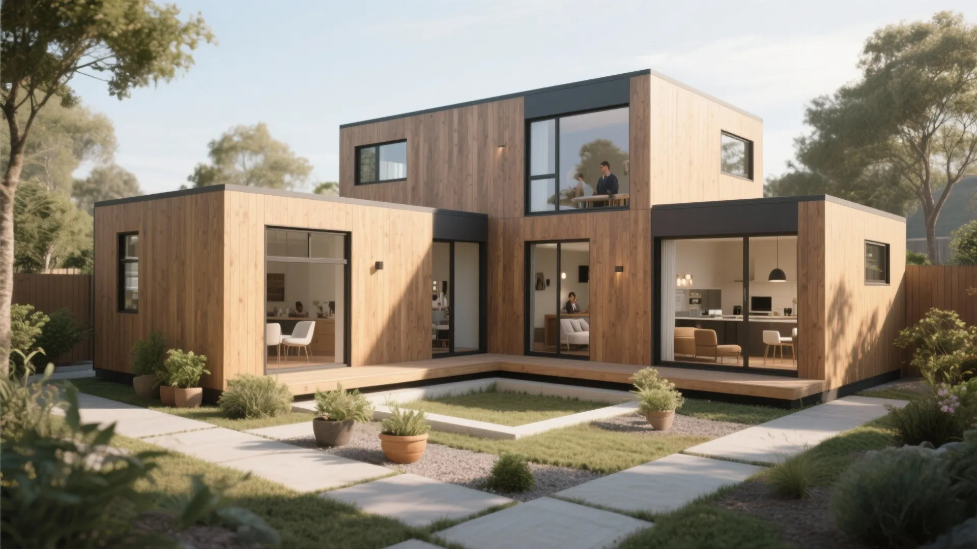 Modern two story modular house with wood wall panels large windows and a green garden