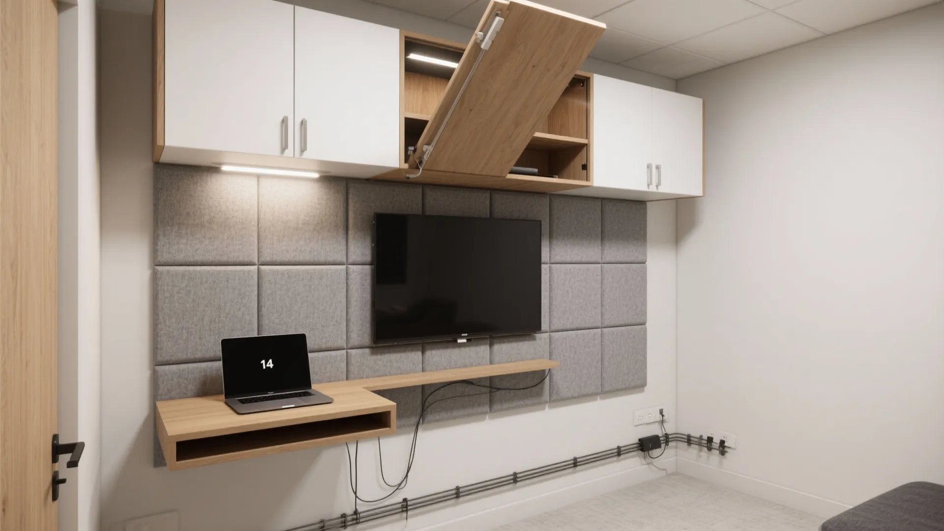 Modular grid with acoustic panels and hidden desk