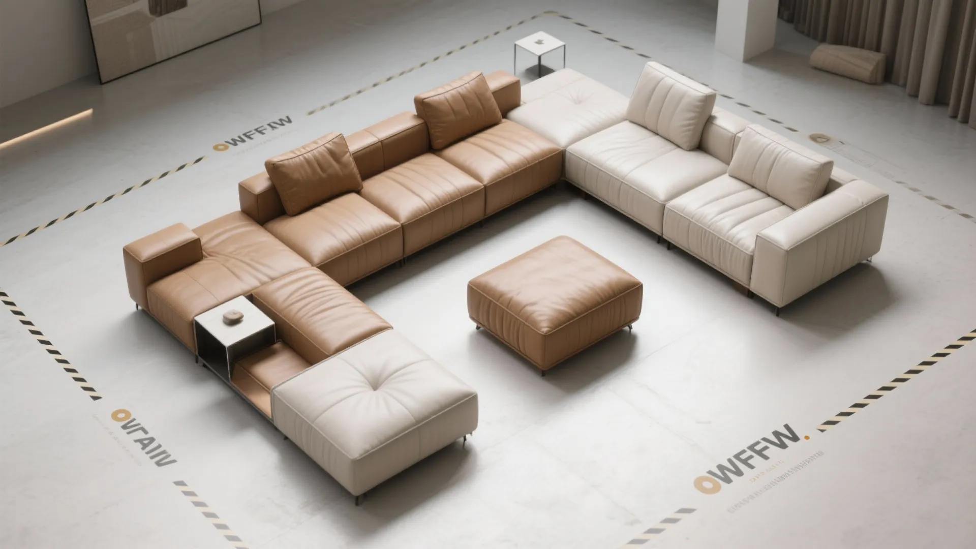 Modular tan and white leather sofa pieces arranged on a showroom floor for interior design