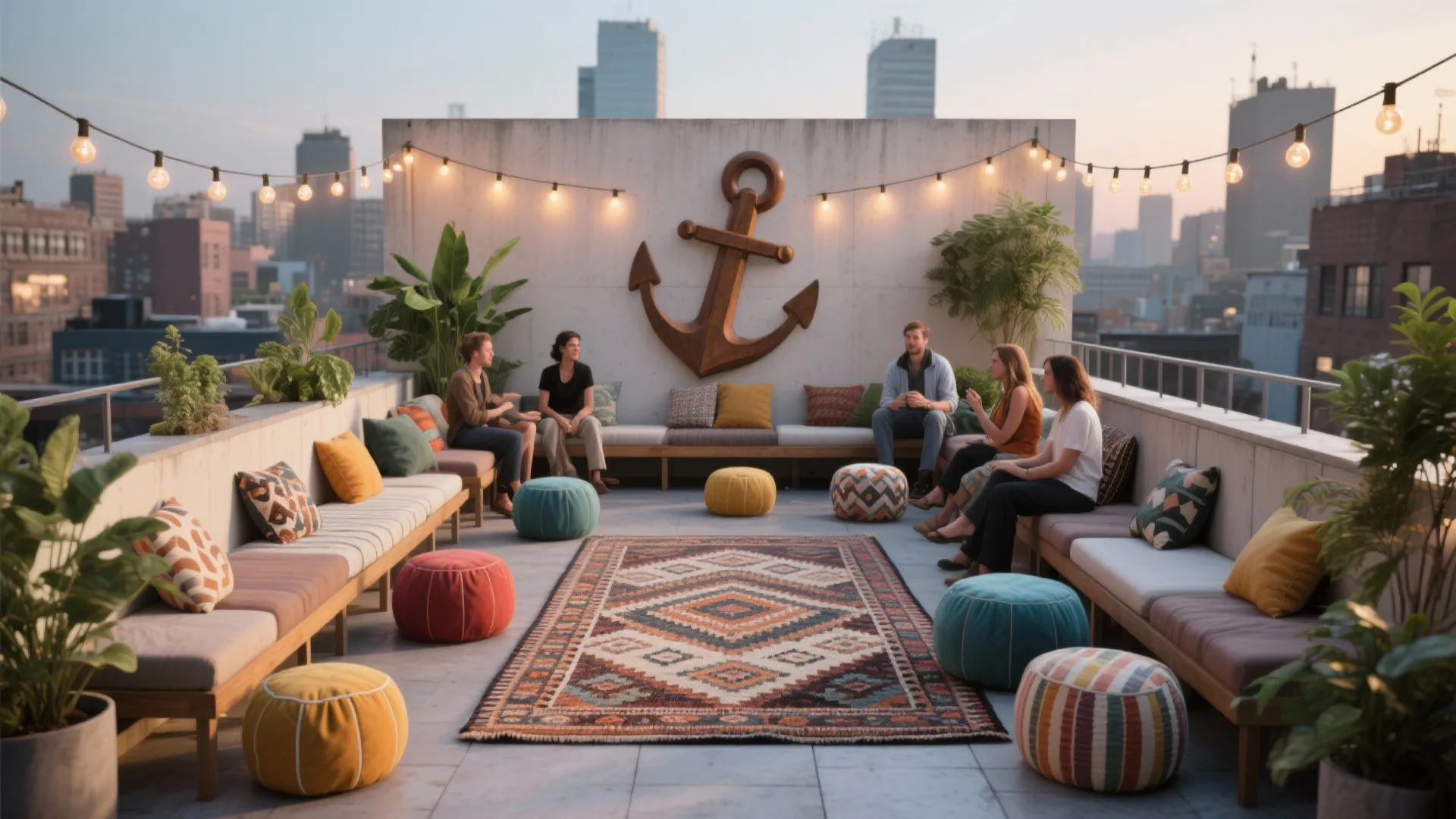 Rooftop terrace with people sitting on sofas, colorful footrests, large wall anchor, and decorative lights