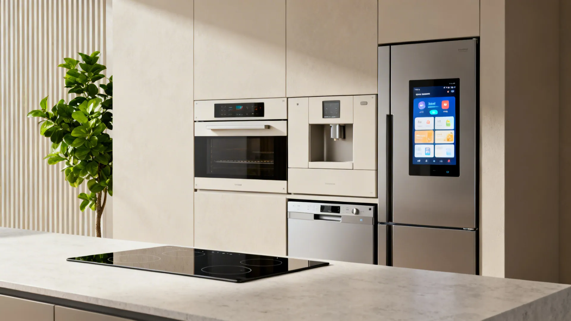 Kitchen showcasing modular induction cooktop, slim dishwasher, and integrated smart appliances.