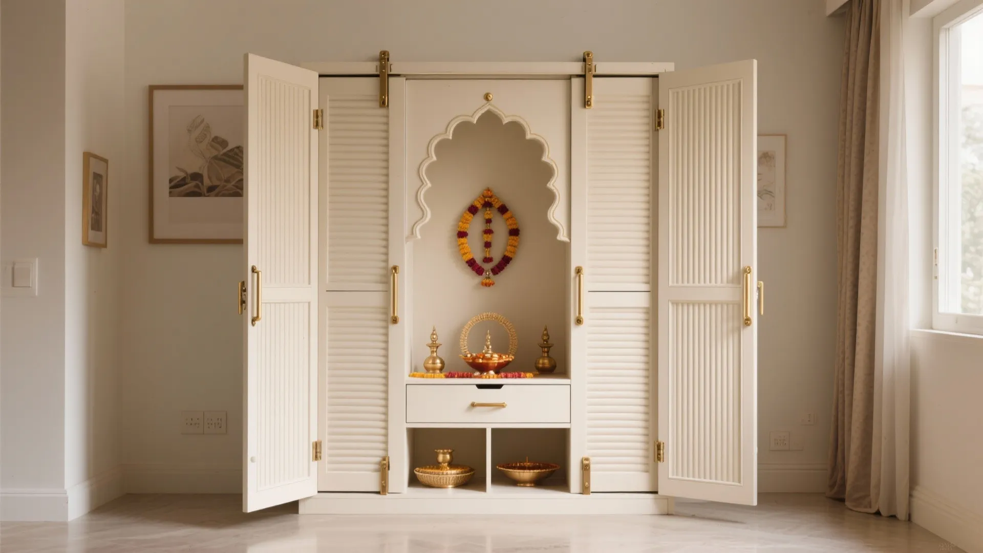 White cabinet with open doors showing an arched shelf gold bowls and wall art in room