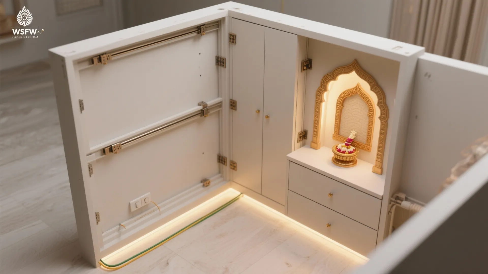 Modern white wooden wall cabinet with small golden altar and lights on the floor boards