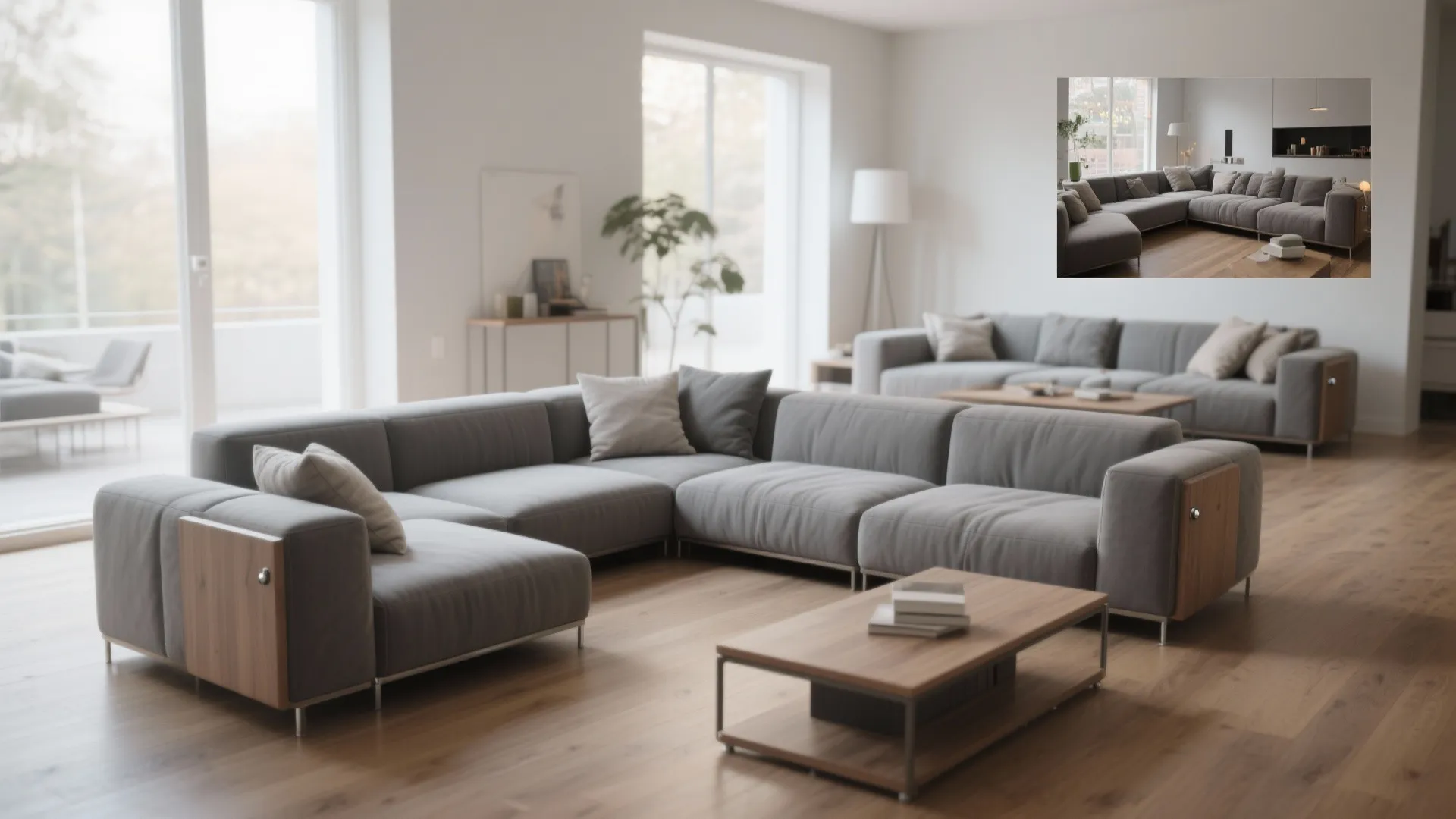 Modern spacious living room interior design with large grey sofa wooden floor and coffee table