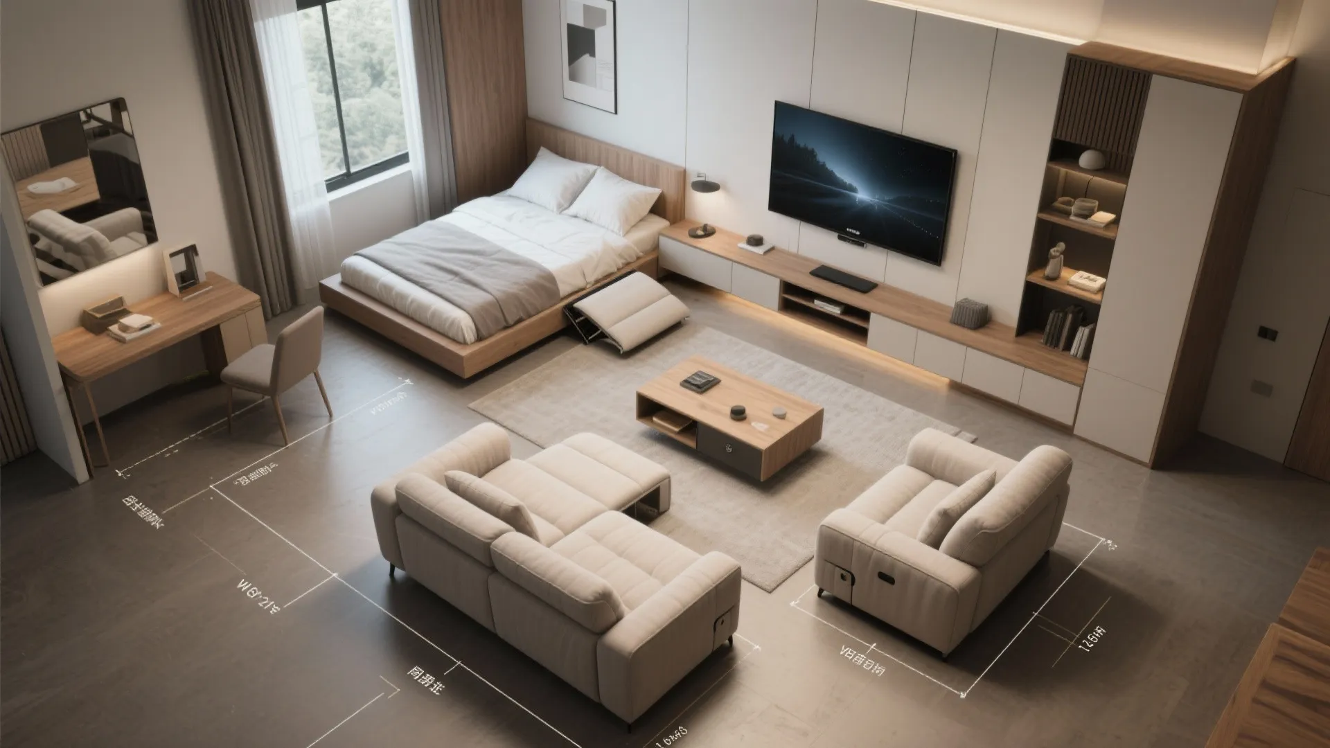 Modern studio apartment layout featuring a bed two sofas coffee table television and white cabinets