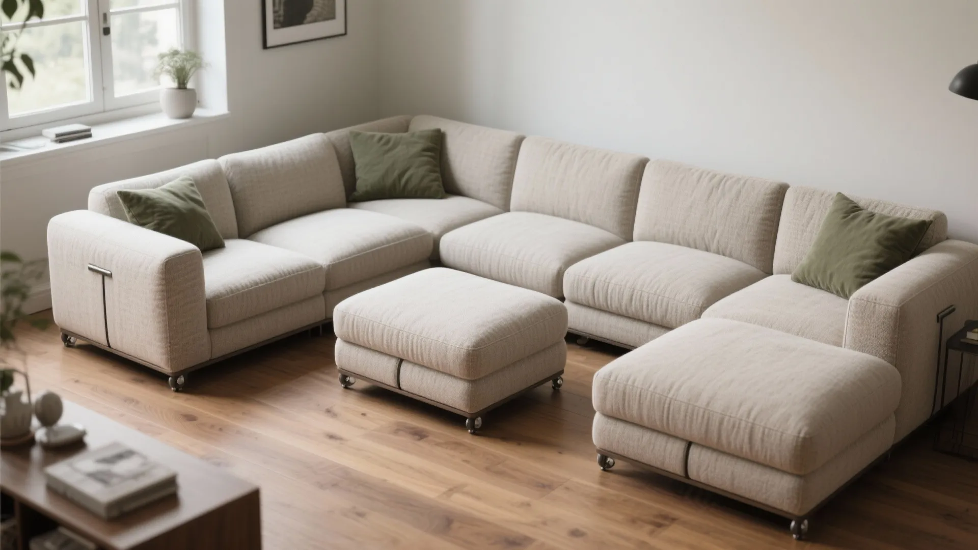 Mix-and-match modulars: twin armless sofas or a sofa + bench