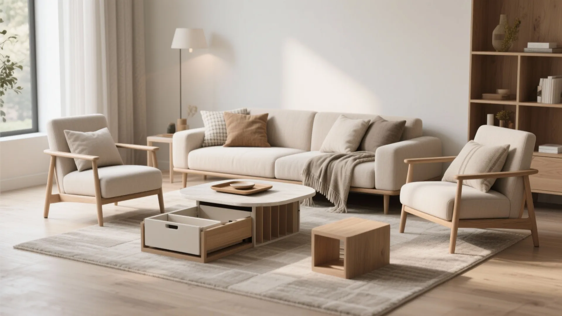 4. Modular pieces: two armless chairs + small sofa + coffee tray