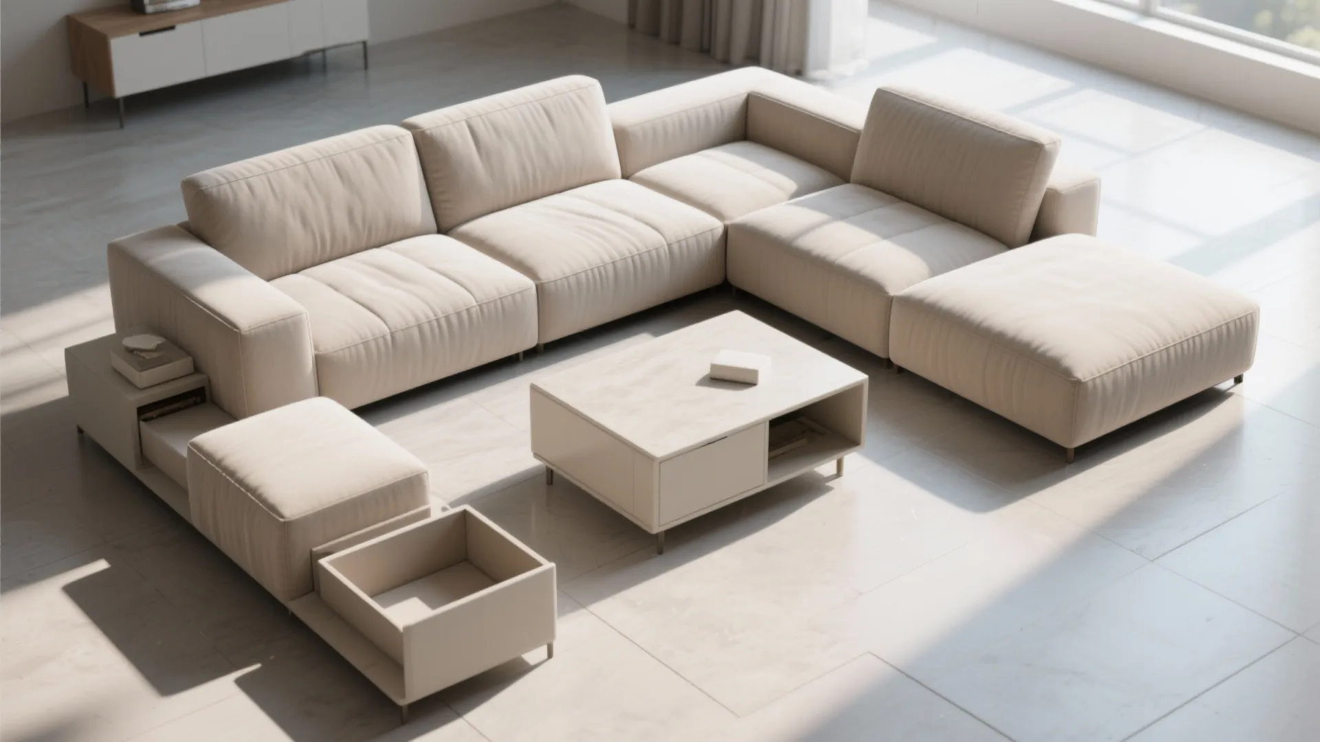 Large modular beige sofa set with low coffee table on a tiled floor in bright room