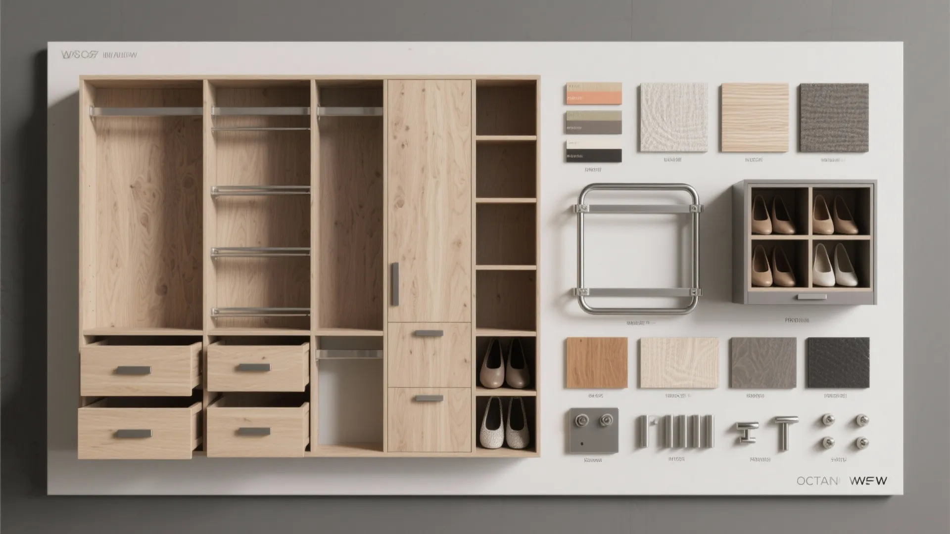 Flatlay of modular armoire components including drawers, shelves, shoe cubby, hardware, and color swatches.