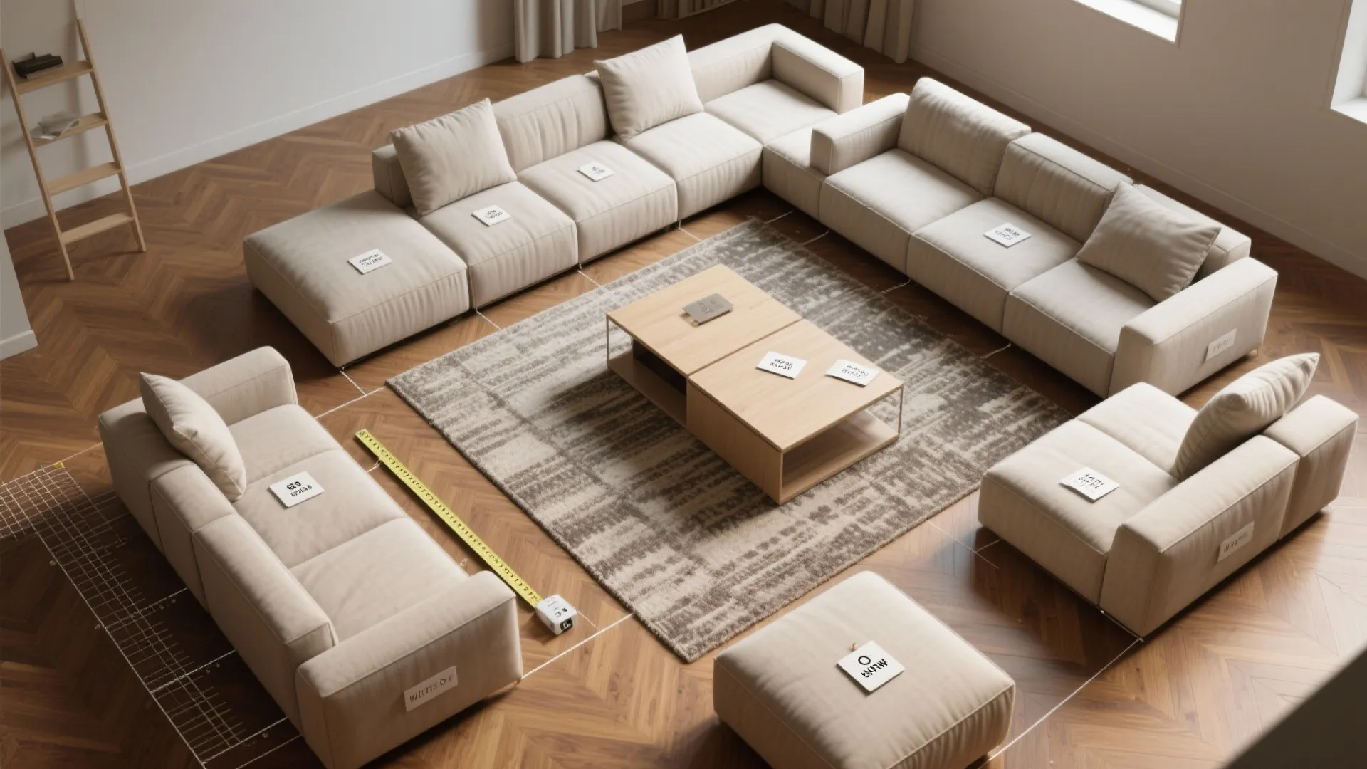 Modular cream sofa units arranged around a wooden coffee table on a grey textured rug
