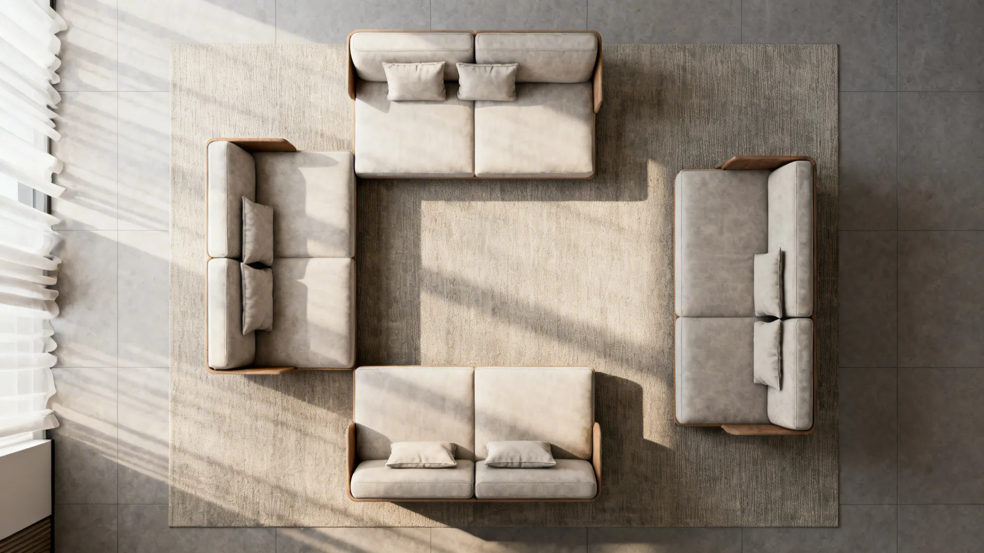 Top-down layouts of modular sectional pieces in different configurations in a small living room