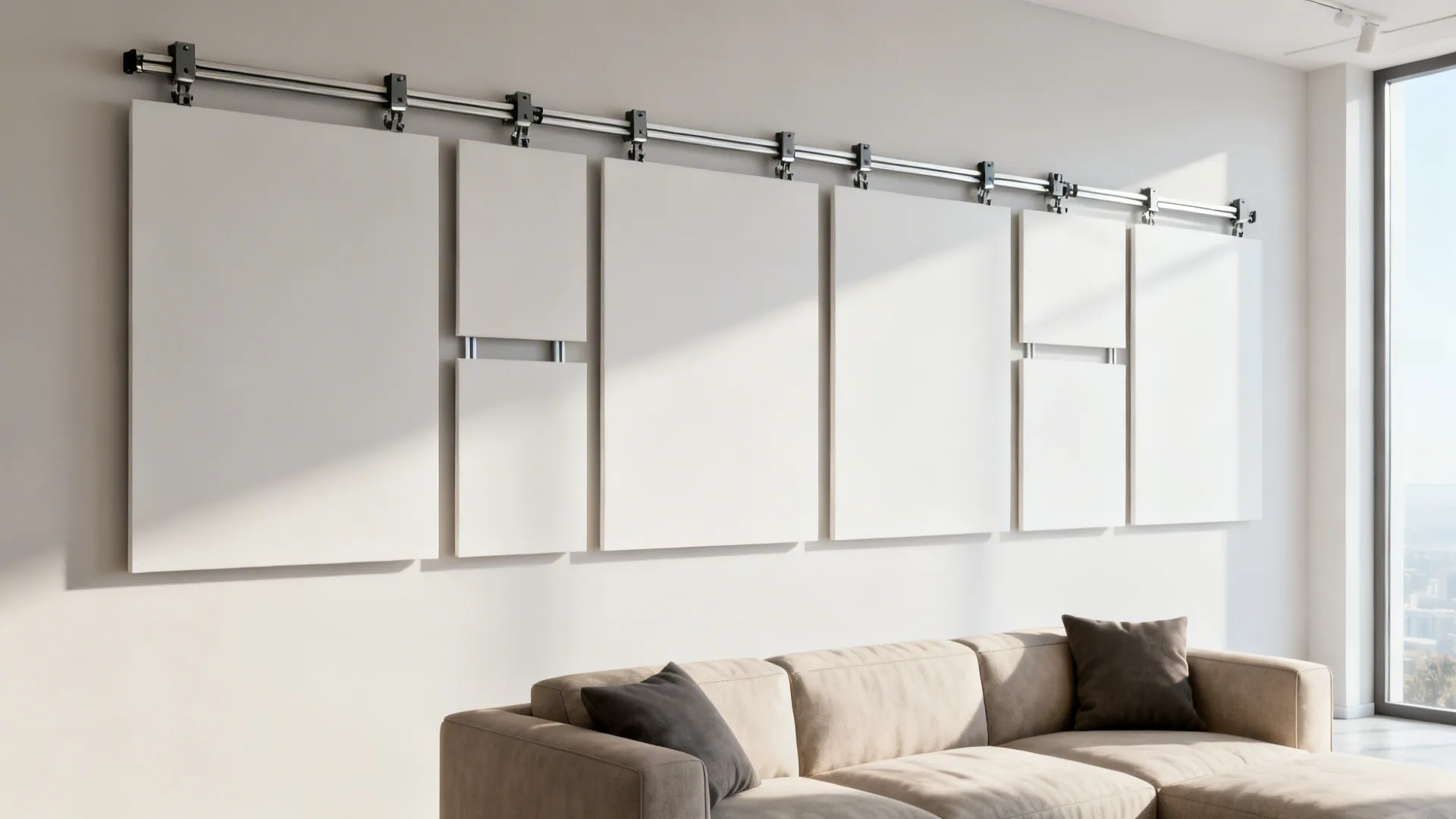 Modular art rail system above a sofa with movable lightweight panels arranged professionally.