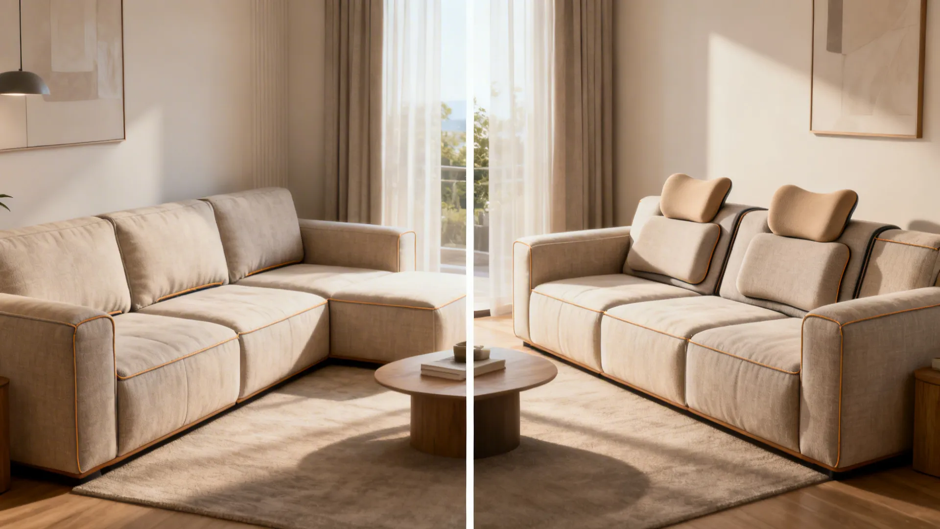 Before and after modular sofa with replaceable lumbar back modules in a small living room