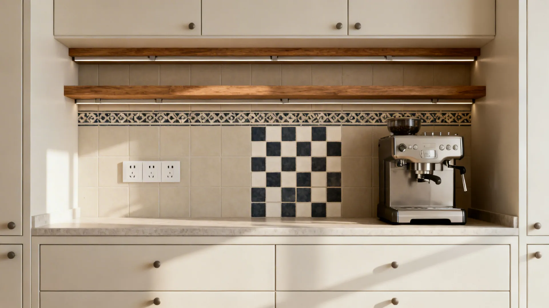 Two-row insert band above the counter with a 4x4 checker inset at a coffee station.