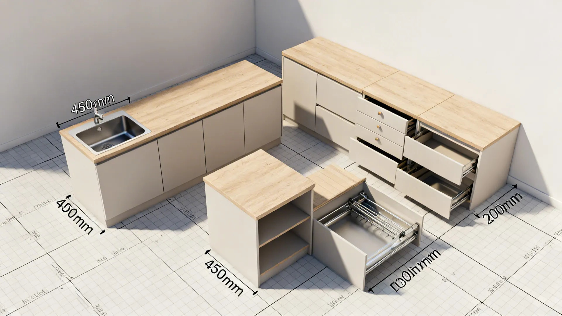 Top-down view of modular kitchen base cabinets in 600, 450, and 300 mm widths arranged on a compact floor plan.
