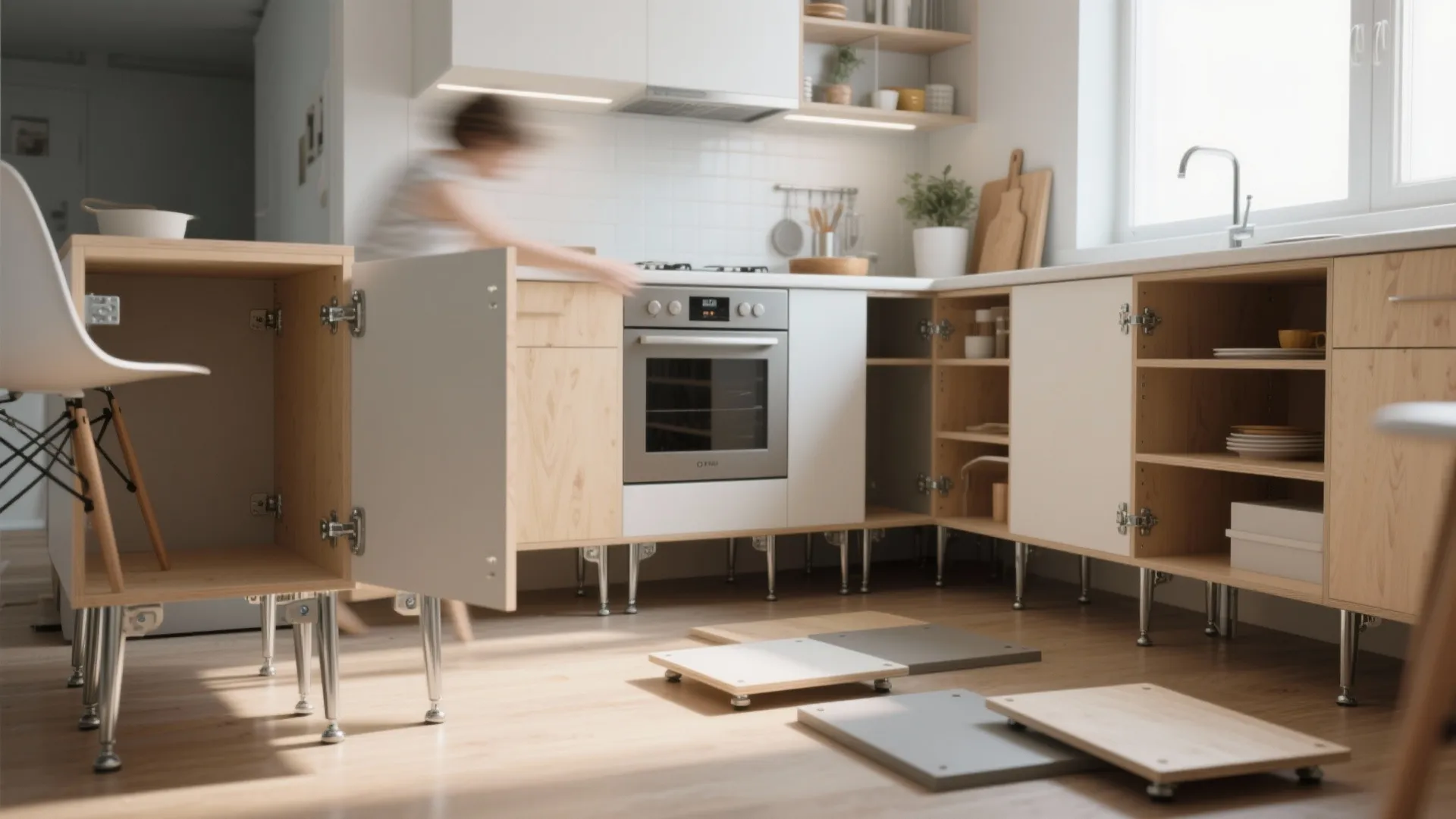 Modern kitchen under construction with open wooden cabinets white countertops an oven and silver metal legs