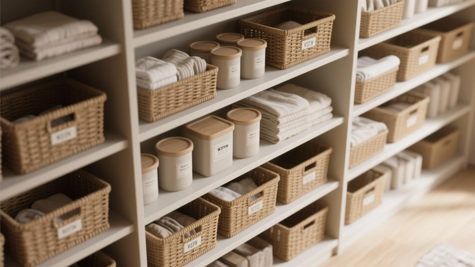 Organized white shelves filled with woven storage baskets, ceramic jars with wooden lids, and towels