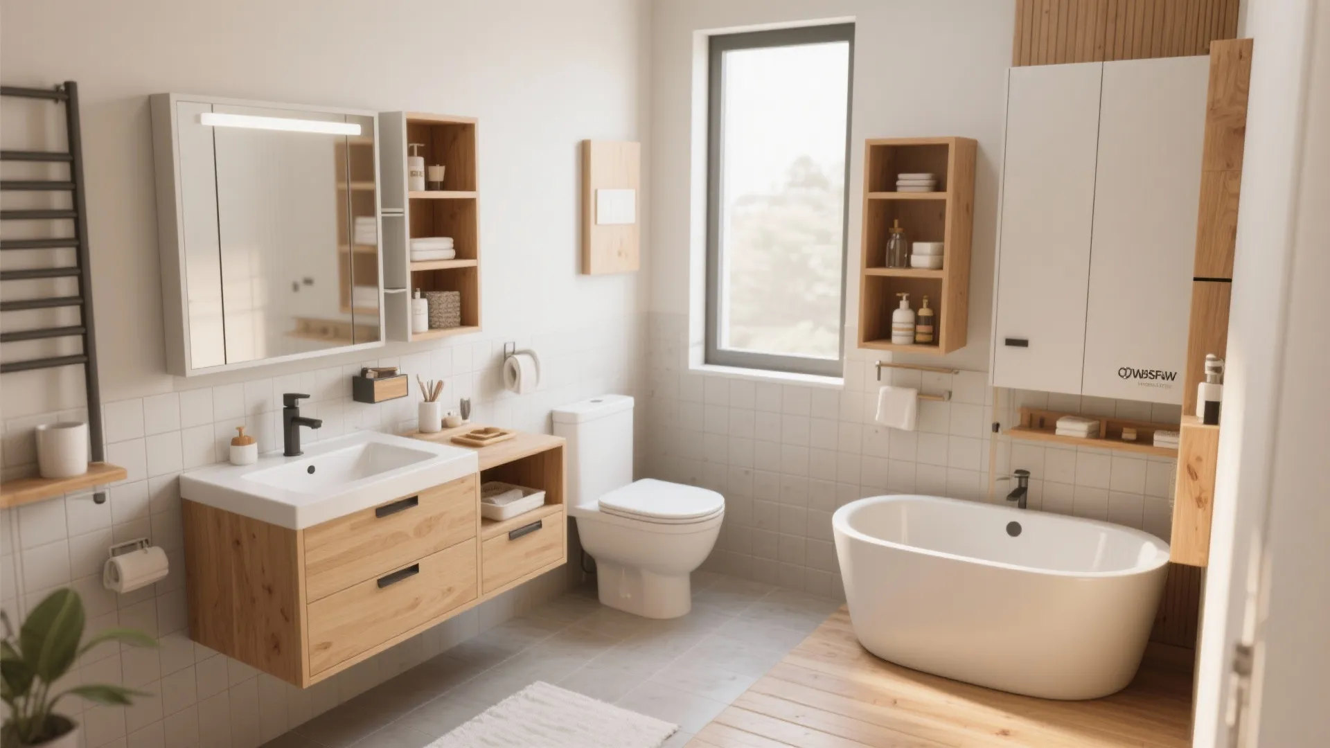 Modern bright bathroom featuring a wooden vanity white bathtub toilet and light wood storage cabinets