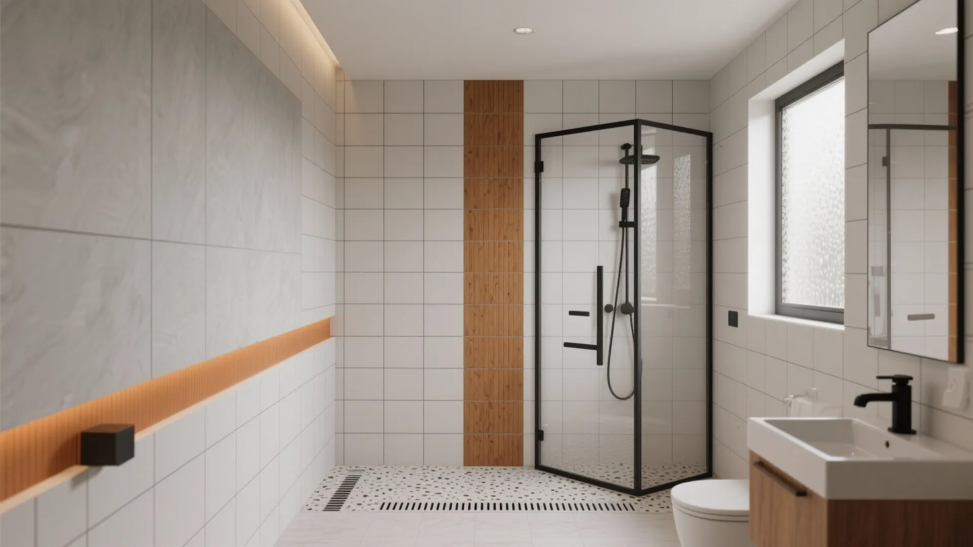 Modern bathroom with white wall tiles wooden accent shower cabin white sink and wall light