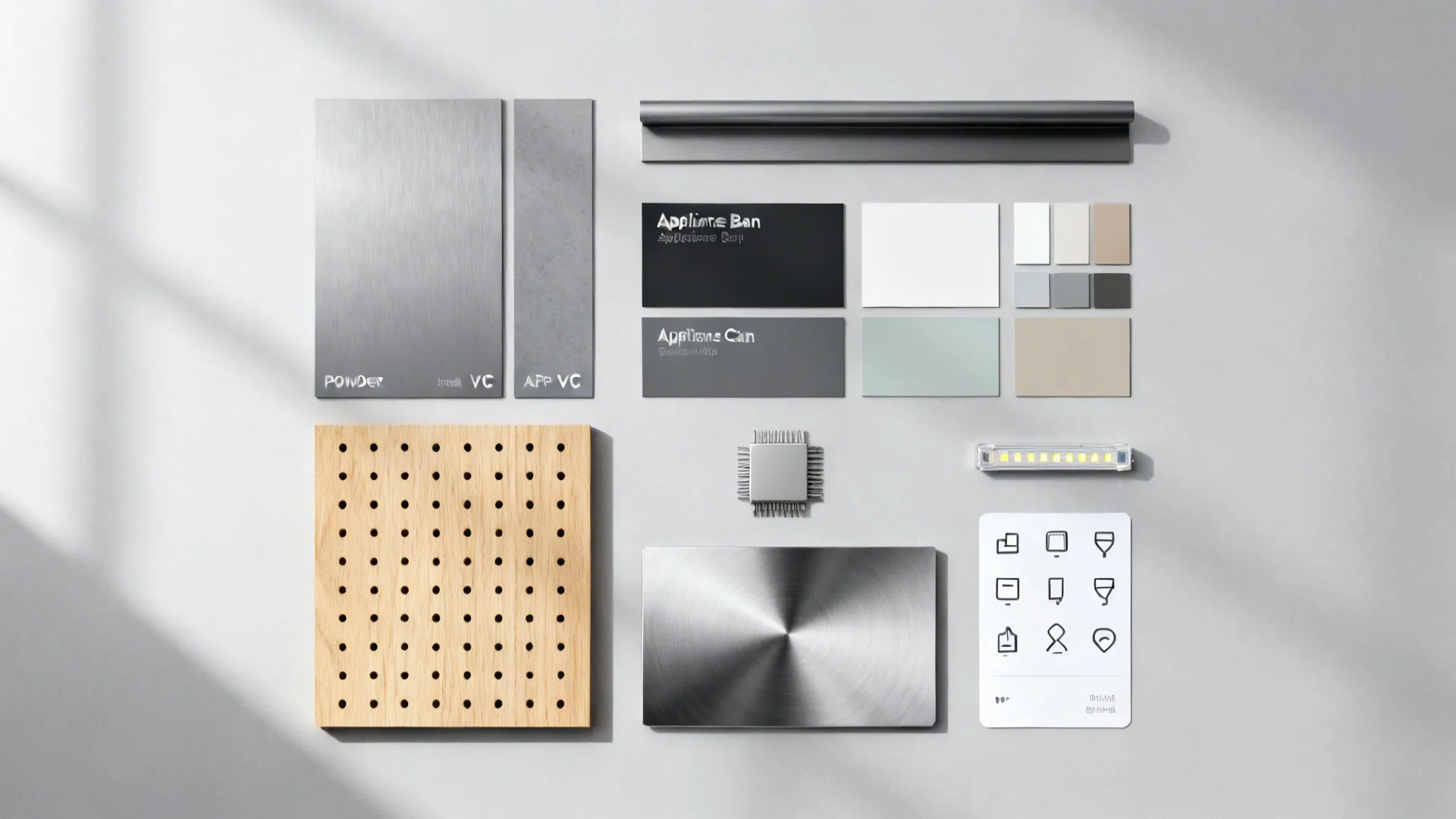 Interior design materials collection showing metal plates wood panel color samples and a light fixture