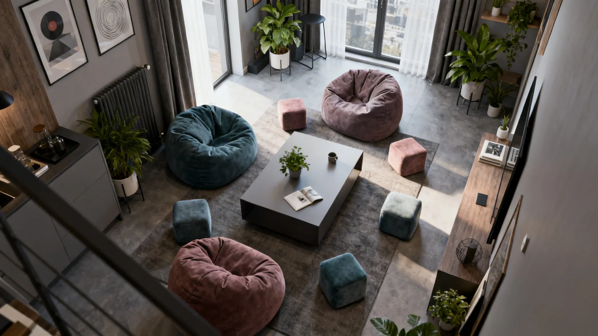 Modular cluster of small bean bags around a low coffee table in a small apartment for flexible seating.