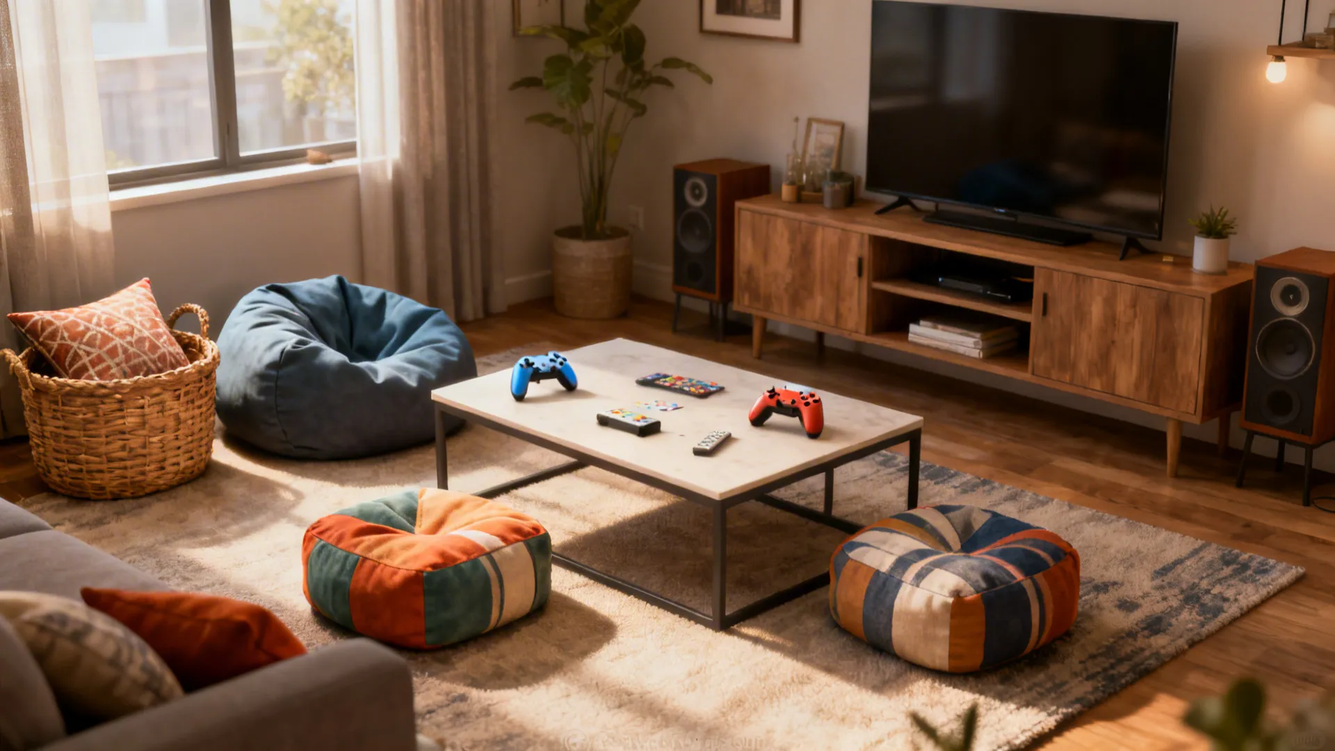 Small living room with multiple small bean bags grouped around a low coffee table