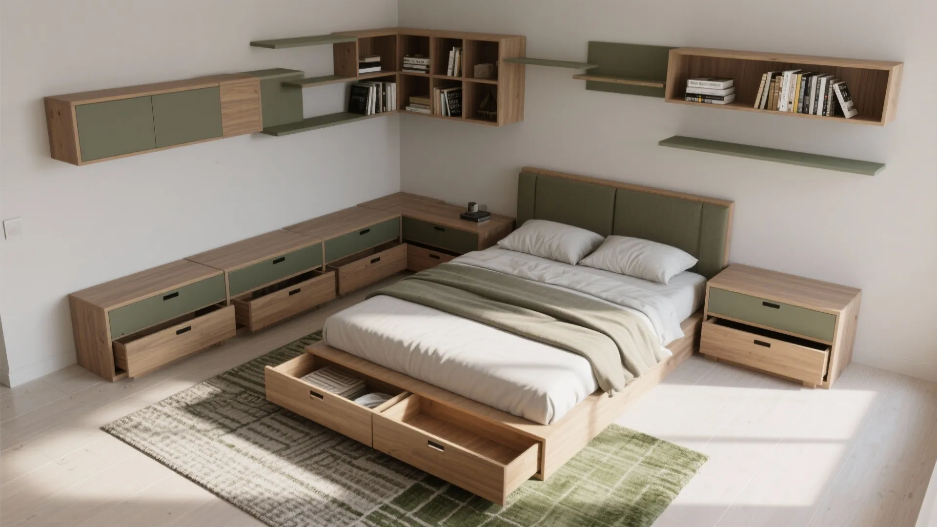 Wood storage bed with green headboard matching wall shelves and corner cabinets in minimalist bedroom design
