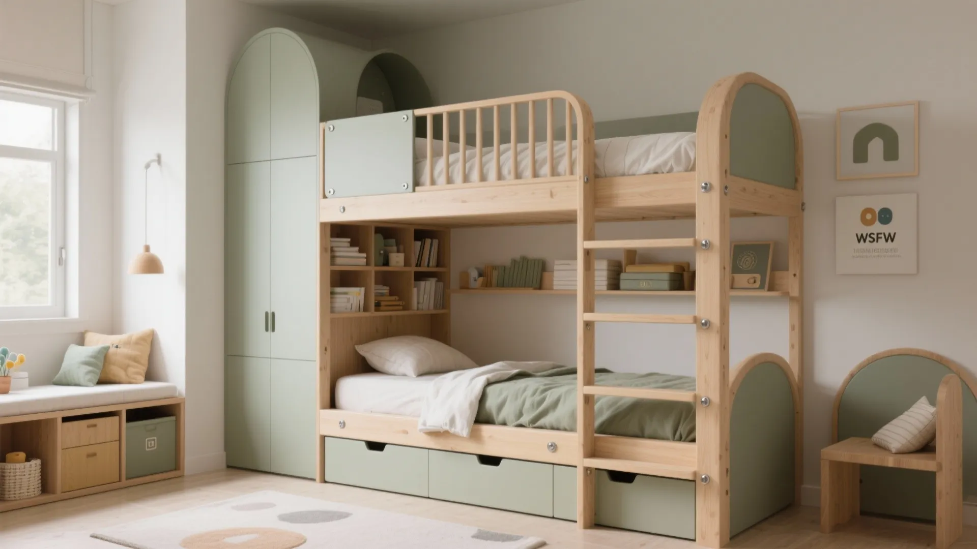 Wooden bunk bed with green storage drawers built in bookshelves and matching light green furniture
