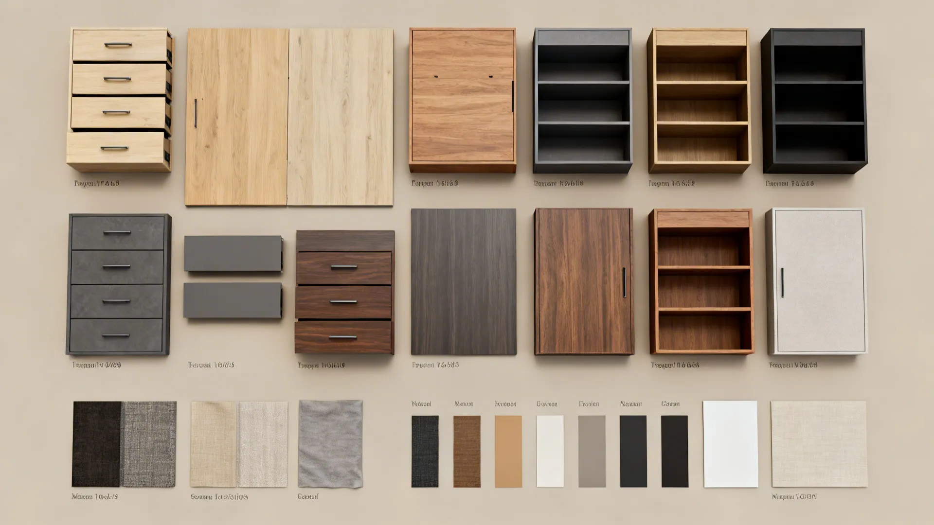 Top-down flatlay of modular bed components, drawers, shelves and material swatches