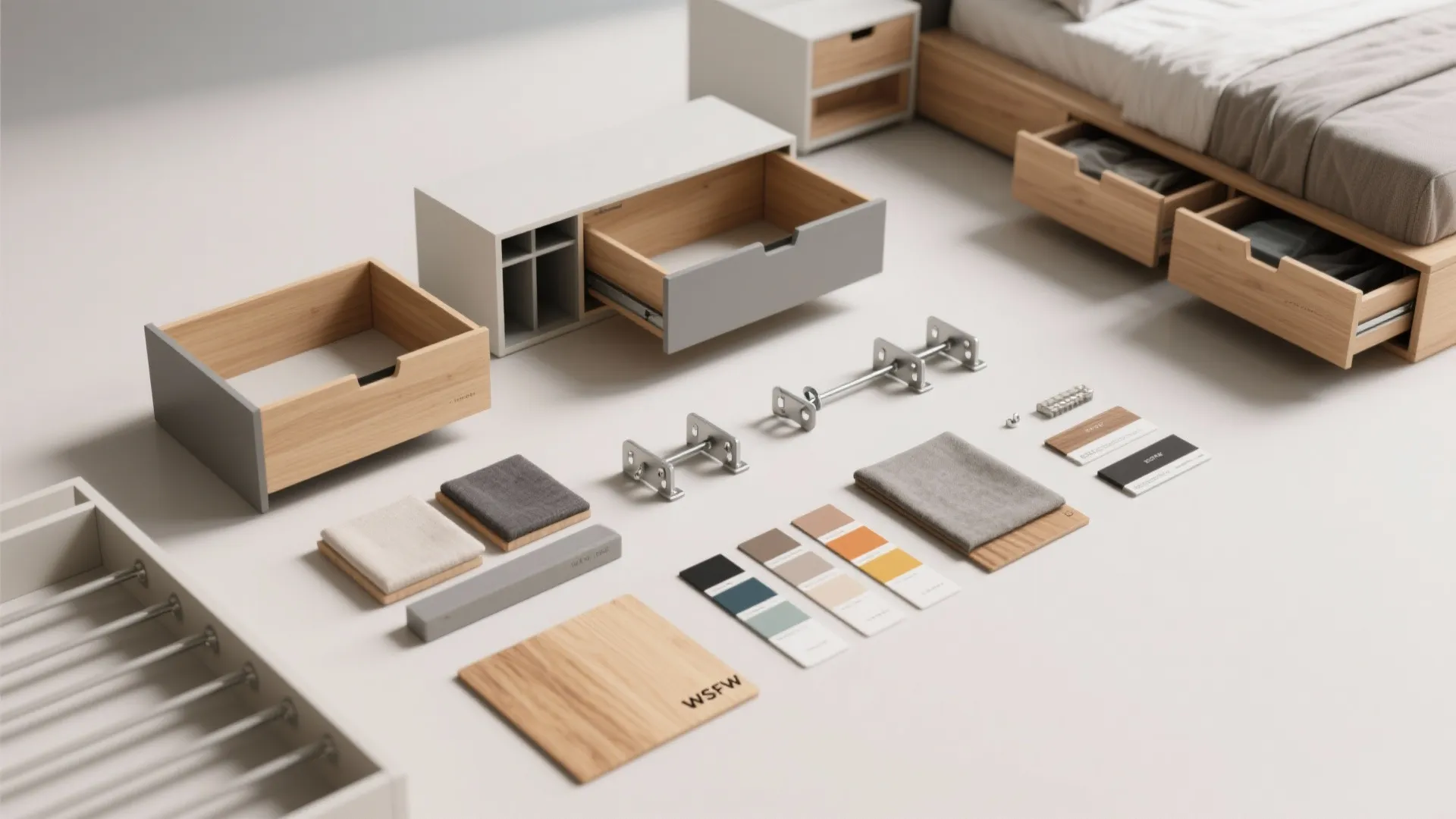 Modular bed parts including wooden drawers metal hardware fabric samples and color palettes on floor