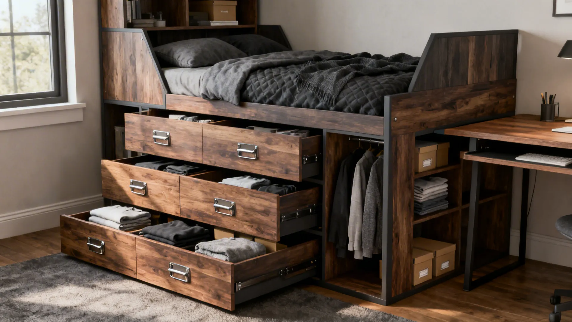 Loft platform bed with integrated drawers and a pull-out desk underneath in a small dorm room.