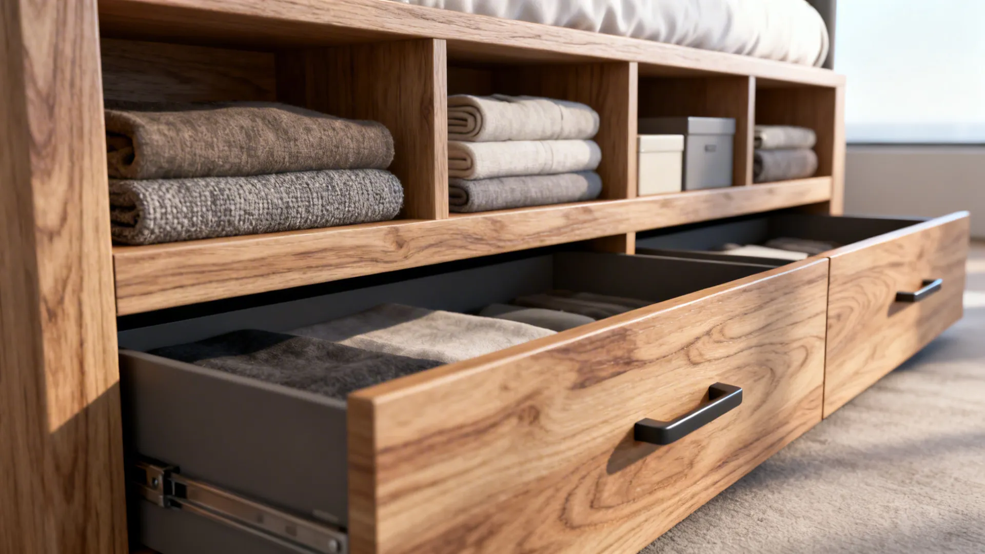 Wooden bed frame with open storage shelves and a drawer for storing neatly folded clothes