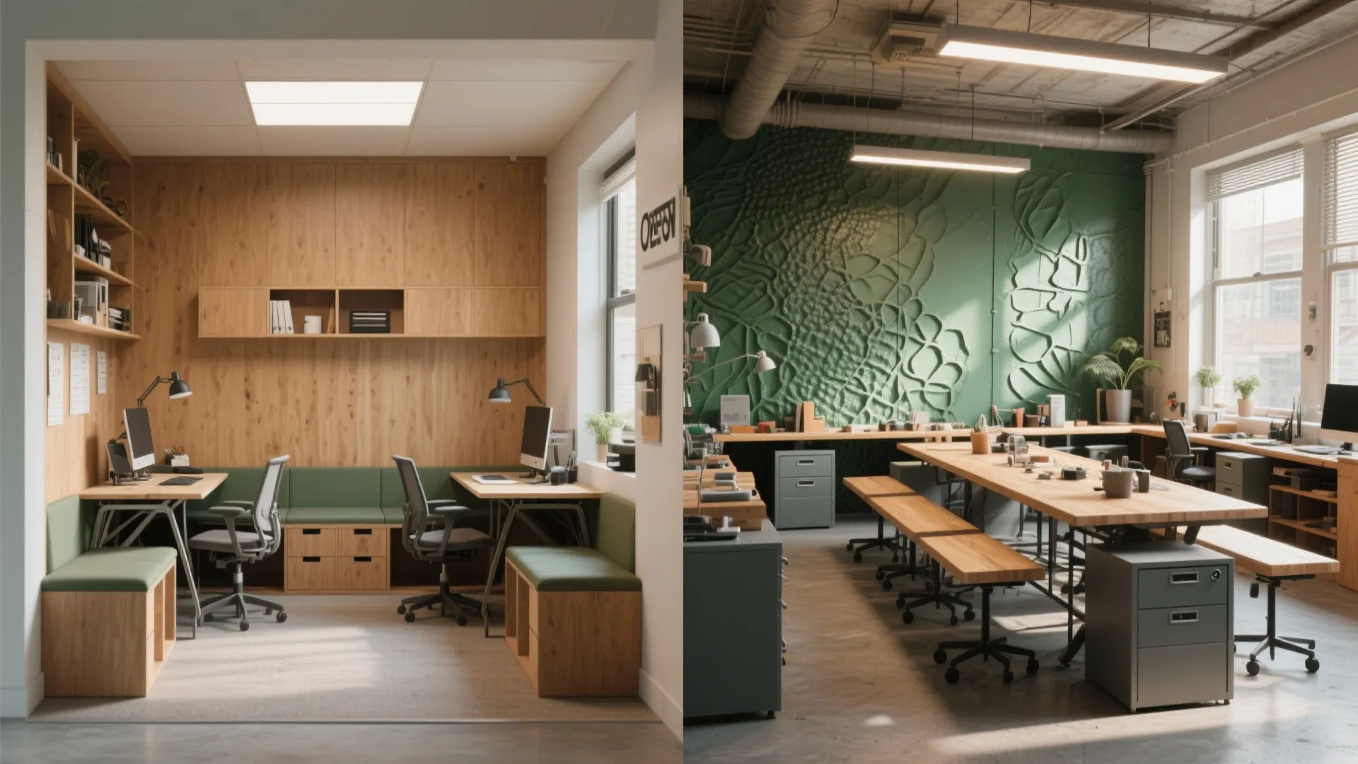 Comparison of small wooden office nook versus large industrial studio with green wall and tables