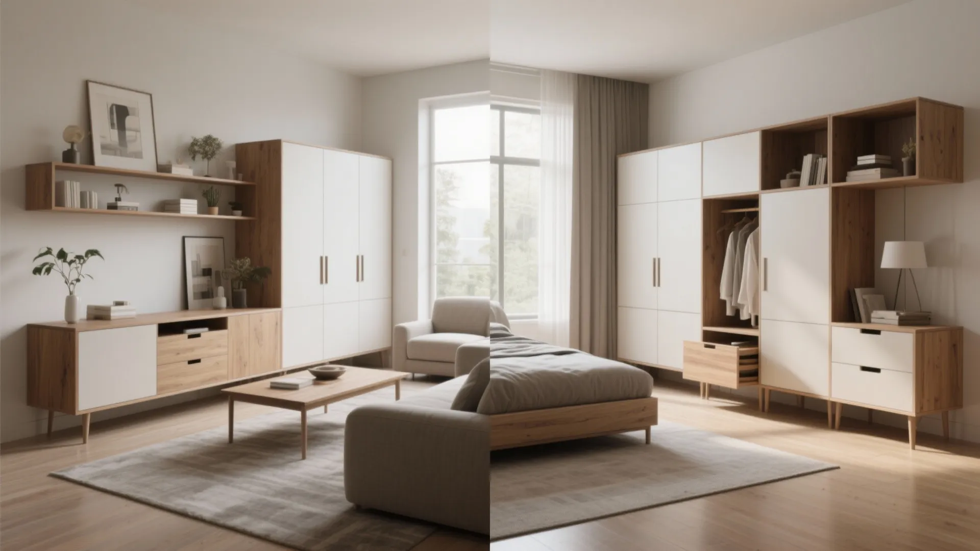 Split view showing a living room with wooden furniture and a bedroom with matching wardrobe