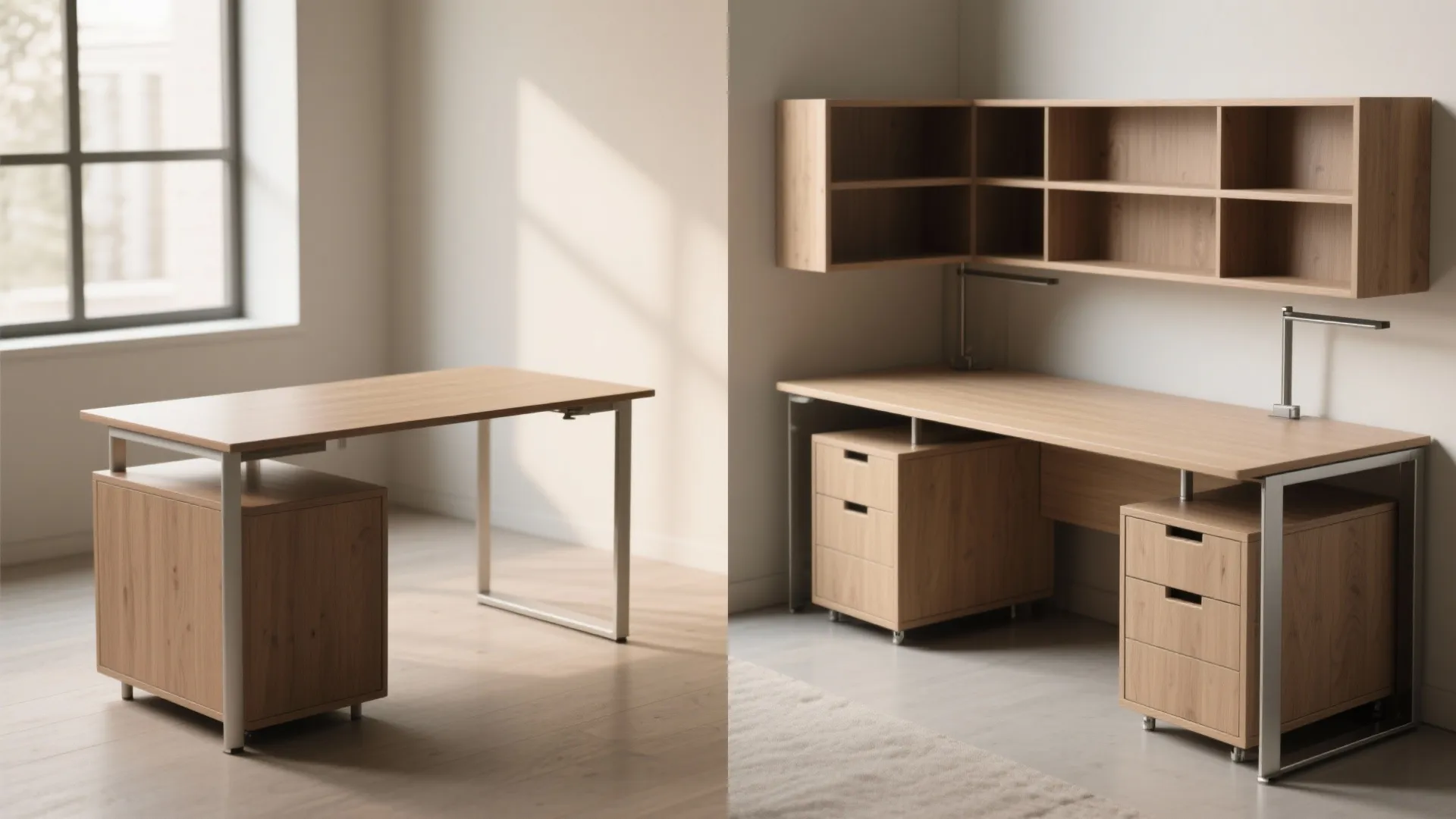 Before and after comparison of a basic wooden desk and a desk with wall shelving unit