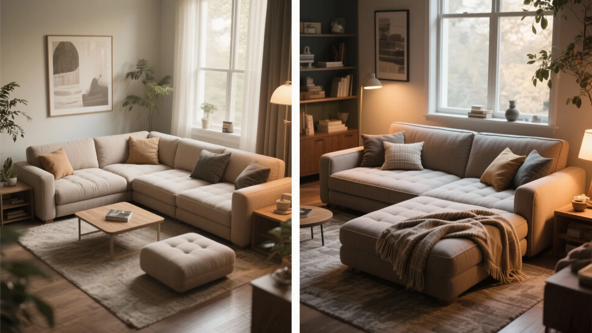 Before and after comparison of a modular beige sofa being rearranged in a modern living room