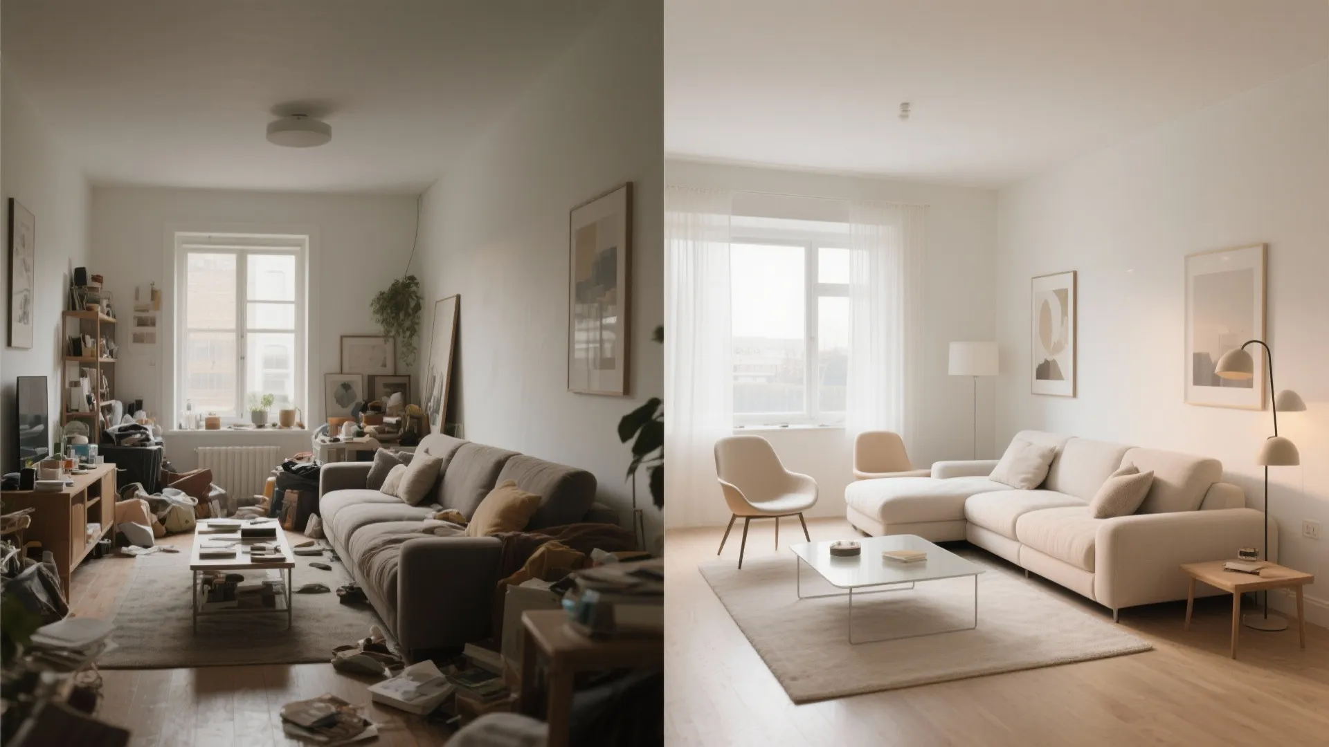 Before-and-after showing wall-hugging sofa versus floating sectional with flexible chairs.
