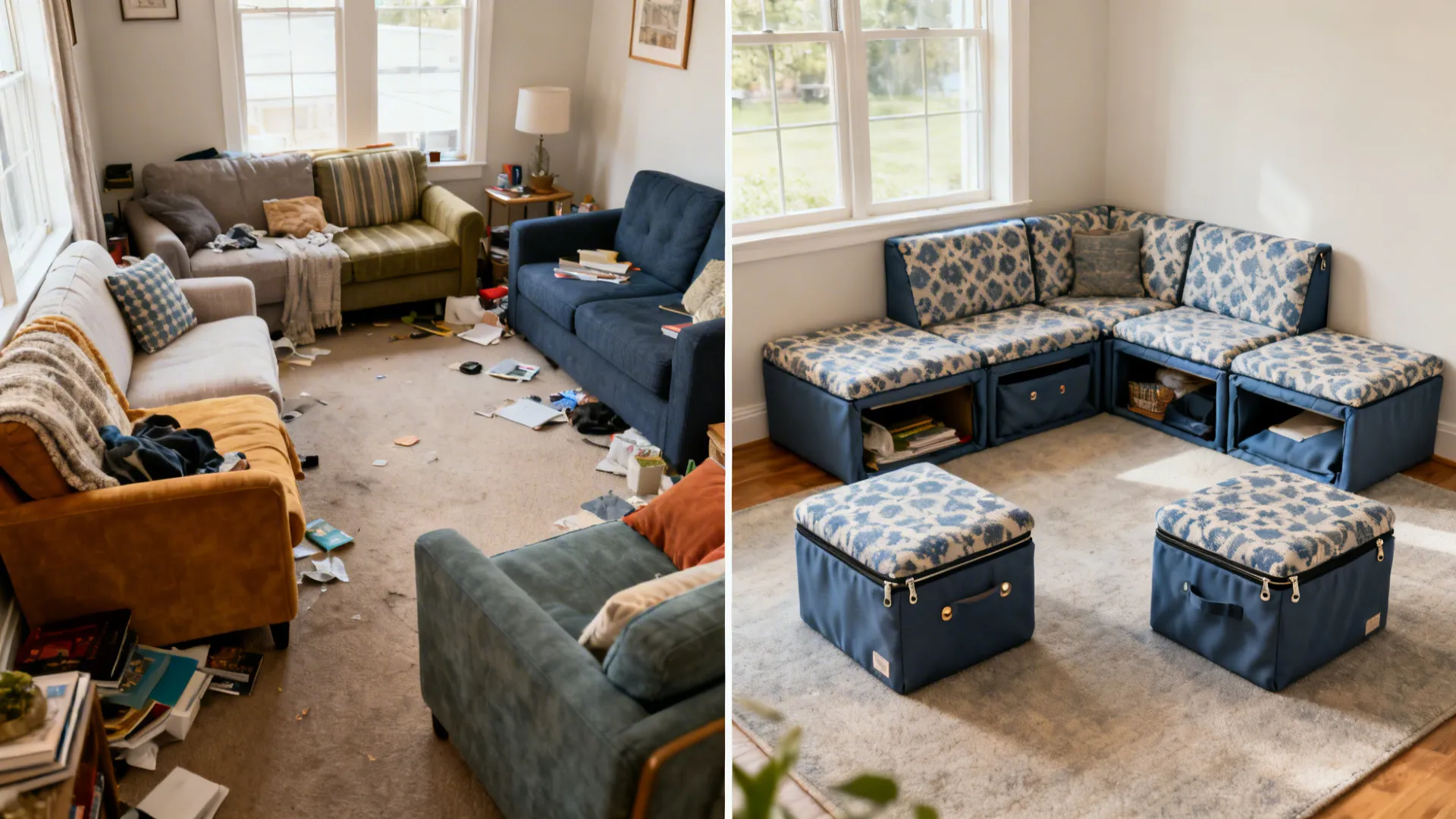 Before and after of a small living room reorganized with modular seating and ottomans