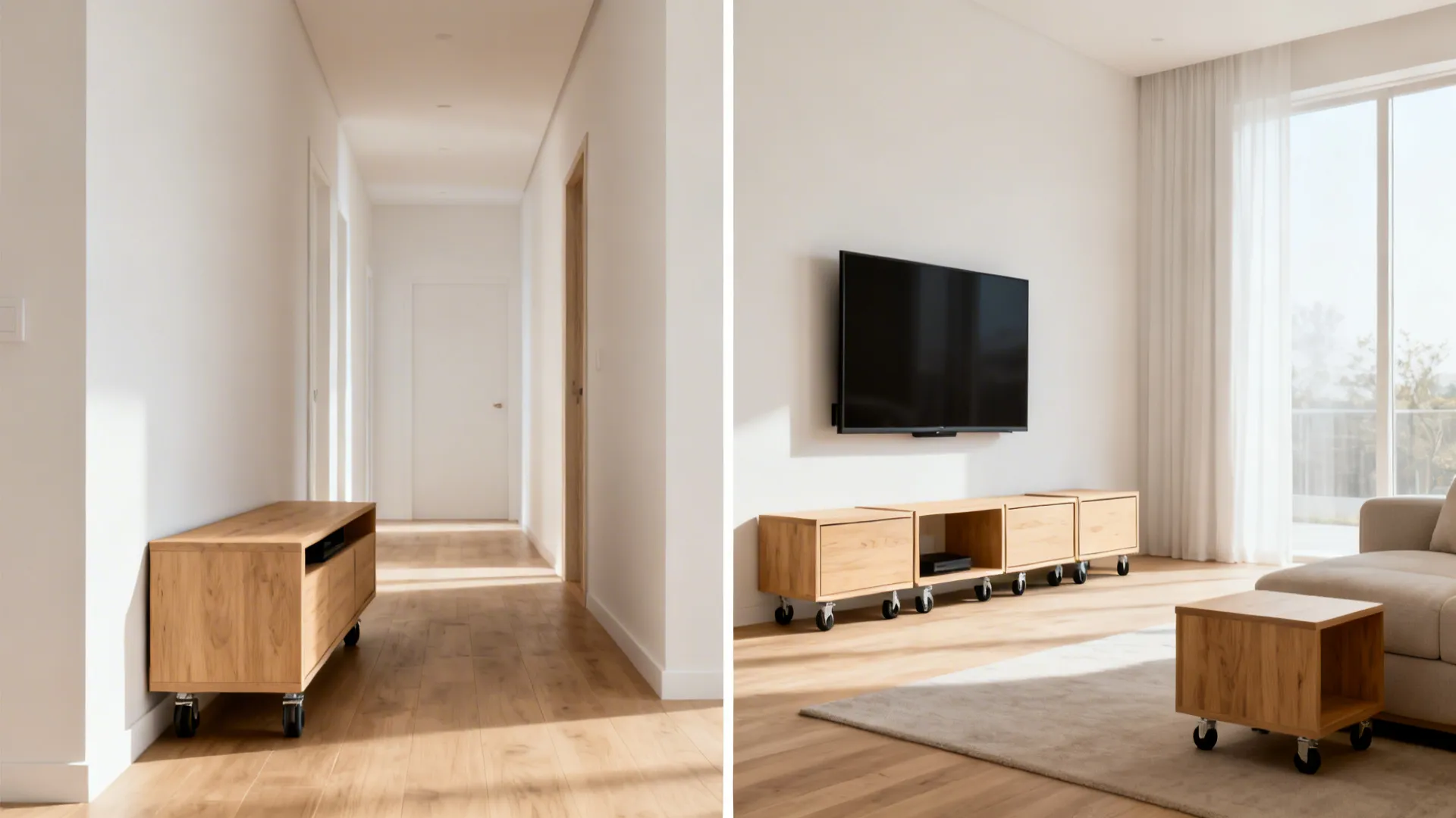 Before-and-after of a small TV wall changing from a bulky console to flexible modular units.