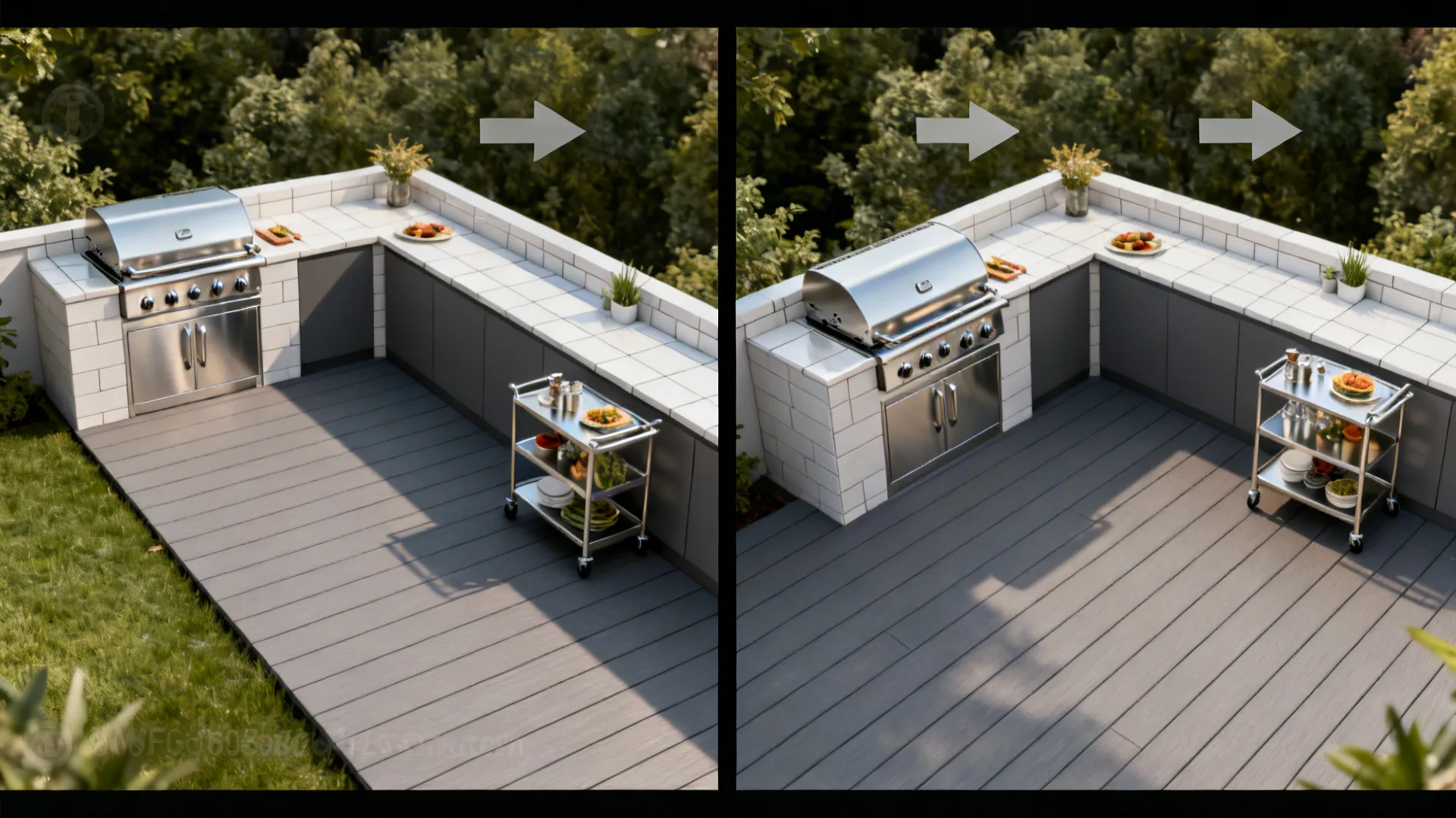 Before-and-after view of a compact terrace reconfigured from straight run to L-shaped modular kitchen.