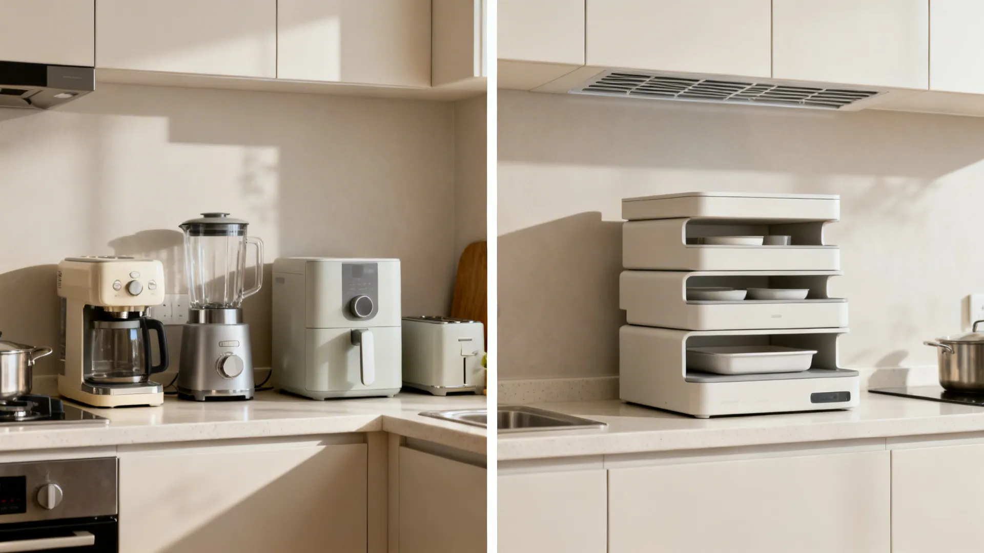 Before-and-after of a small kitchen counter changing from gadget clutter to a neat modular appliance stack.