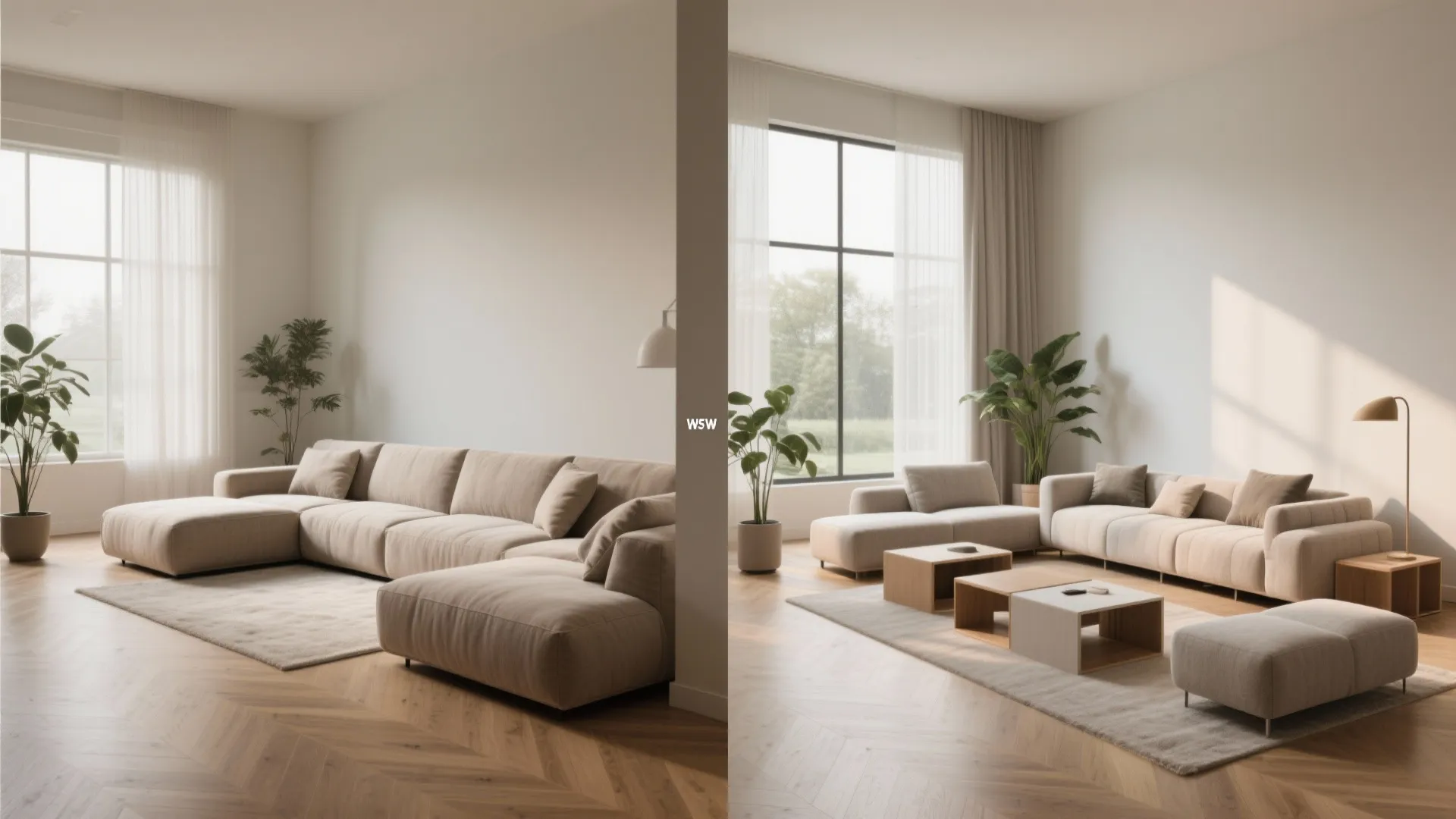 Before and after view of a small living room showing bulky fixed sectional vs rearranged modular pieces improving circulation.